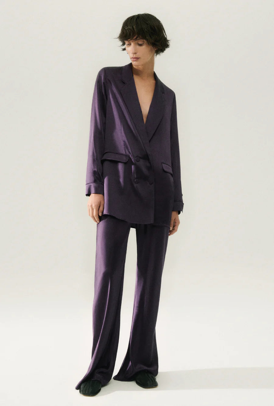 BIAS CUT PANTS in Blackberry Color - Women's High Waist Flowy Trousers for Office, Casual Wear & Special Occasions