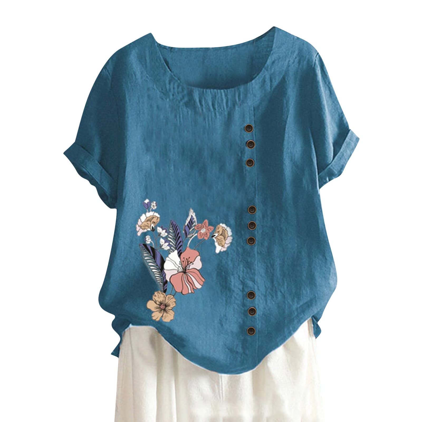 Women's Cotton Linen Floral Printed Short Sleeve Crew Neck Tunic Blouse - Casual Loose Fit Top for Summer, Beach, and Everyday Wear
