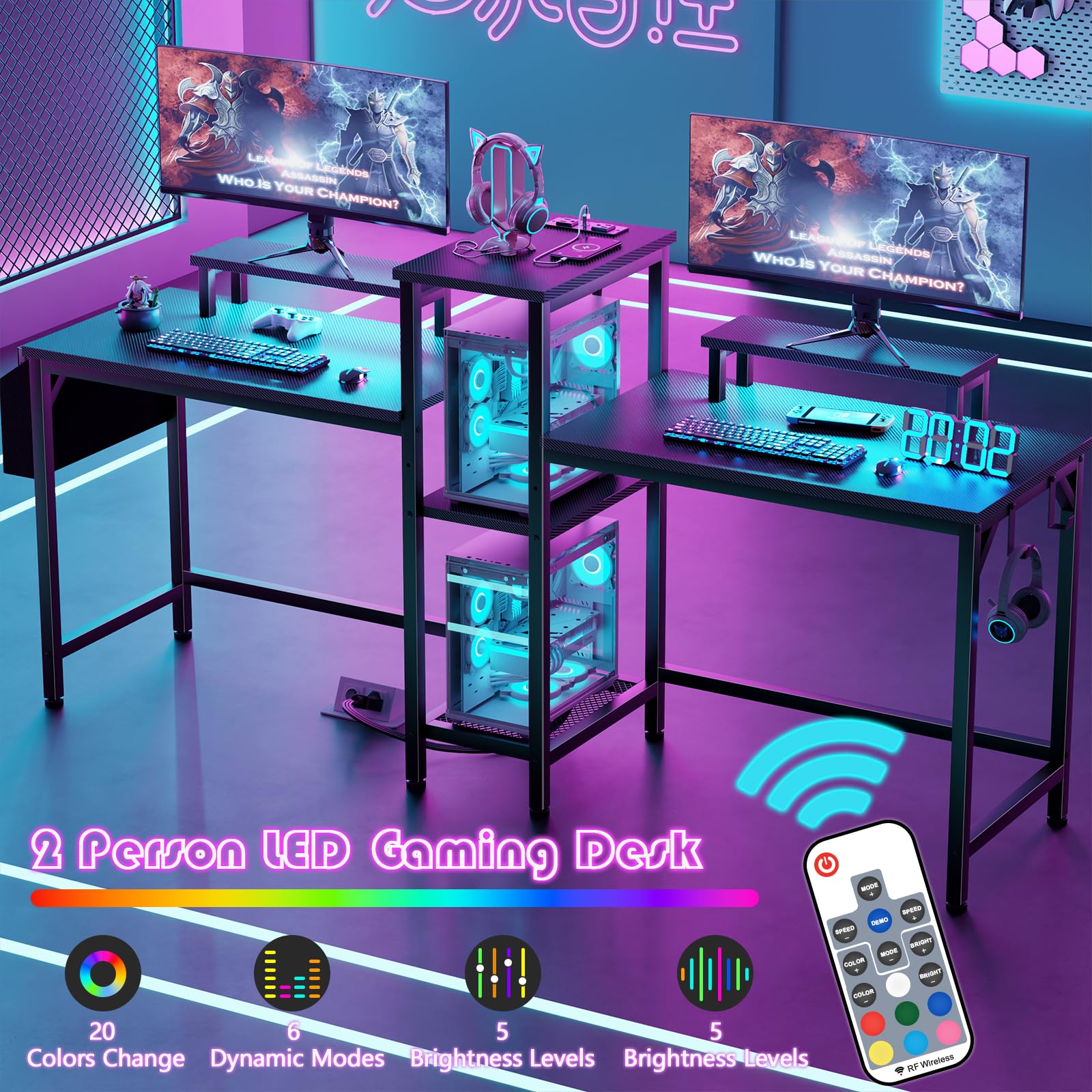 Furologee 71 Inch LED Gaming Desk for 2 Players - Dual Computer Desk with Power Outlets, Monitor Stand, Storage Bag & Headphone Hooks - Perfect for Home Office, Study & Writing | Ideal for Gamers, Remote Work & Small Spaces (Black)