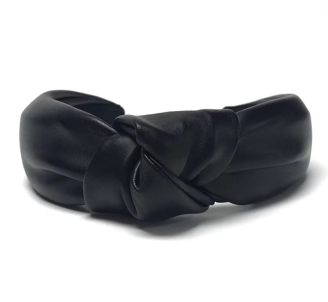 Huachi Women's Black Leather Knotted Headband - Stylish Top Knot Hair Accessory for Girls & Women | Perfect for Workouts, Yoga, and Everyday Fashion
