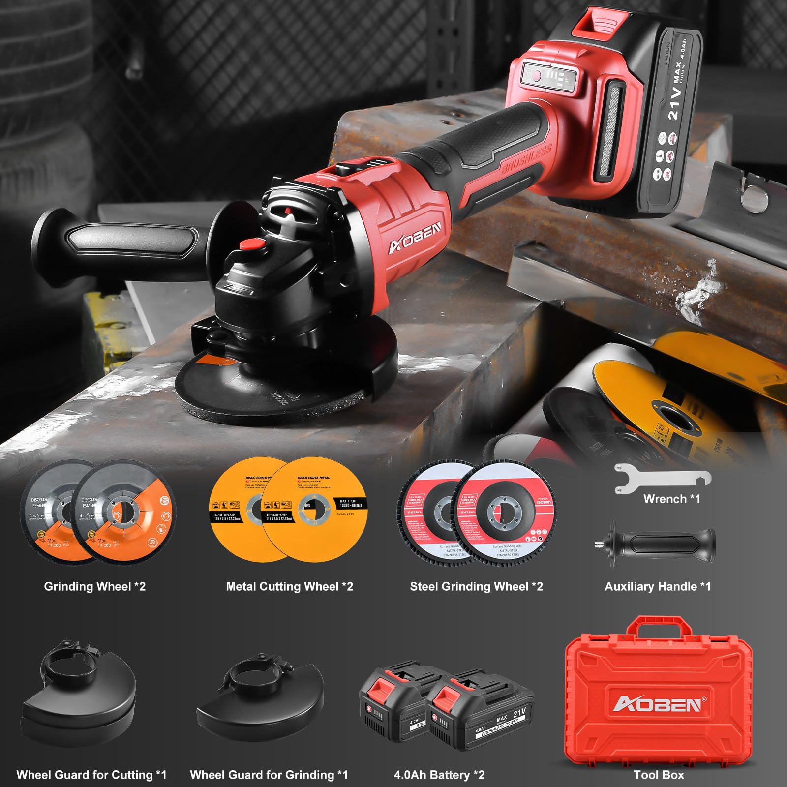 AOBEN 21V Brushless Cordless Angle Grinder 4-1/2 inch with 2x4.0Ah Battery & Fast Charger - Powerful Electric Grinding Tool for Cutting, Grinding, Polishing Metal, Wood, Tile - Ideal for DIY Projects, Construction, Metalworking & Home Renovation