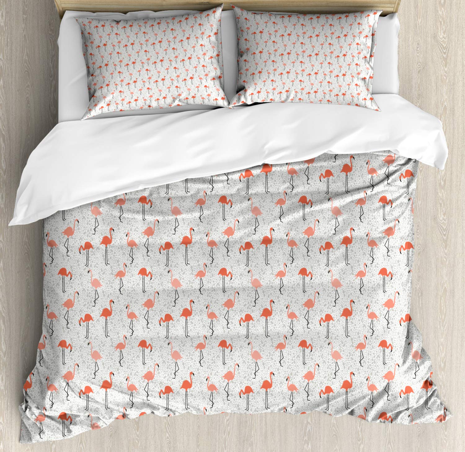 Ambesonne Flamingo Duvet Cover Set - Exotic Tropical Birds Jungle Print 3-Piece Queen Size Bedding with 2 Pillow Shams in Dust Salmon Coral | Perfect for Bohemian Bedrooms, Beach House Decor & Romantic Retreats
