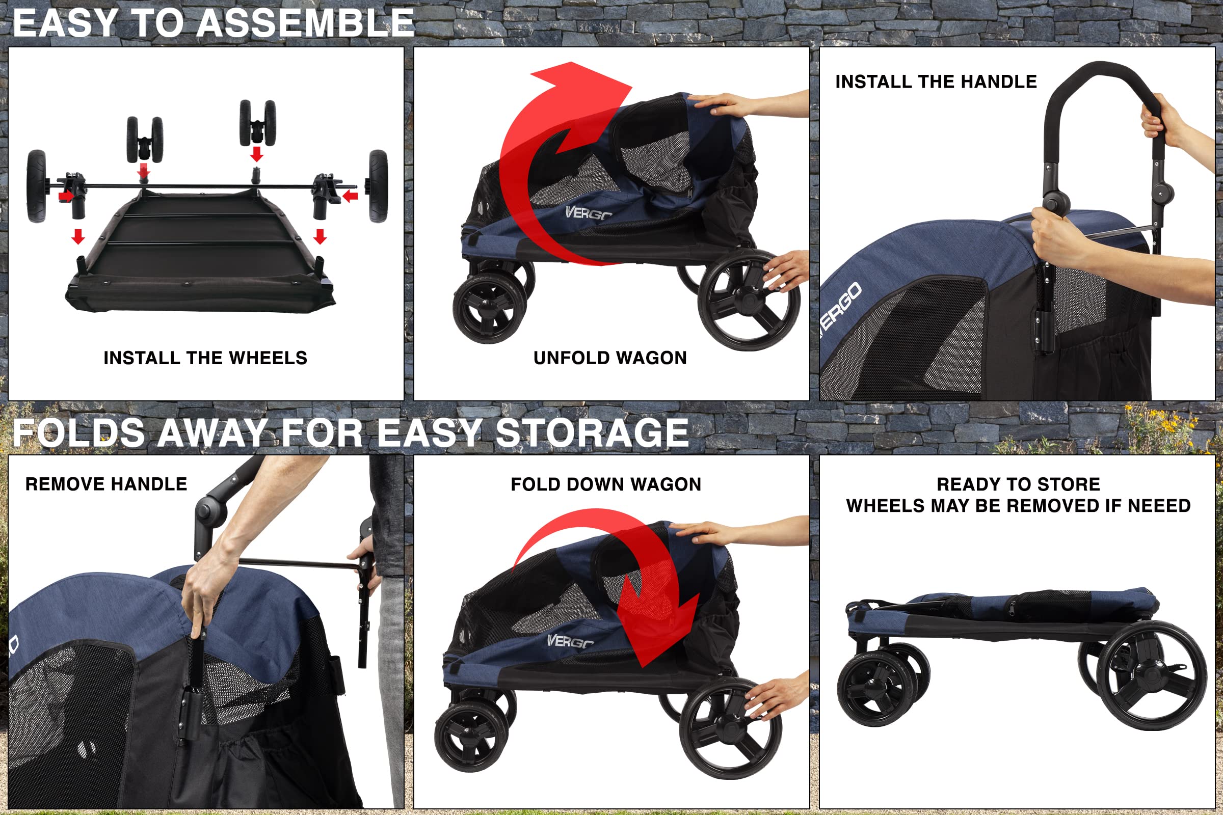 Vergo Blue Foldable Pet Stroller Wagon Cart - 4 Wheel Dog Stroller with Adjustable Handle & Zipper Entry, Mesh Skylight for Small to Large Dogs, Cats & Pets - Perfect for Park Walks, Shopping Trips & Outdoor Adventures