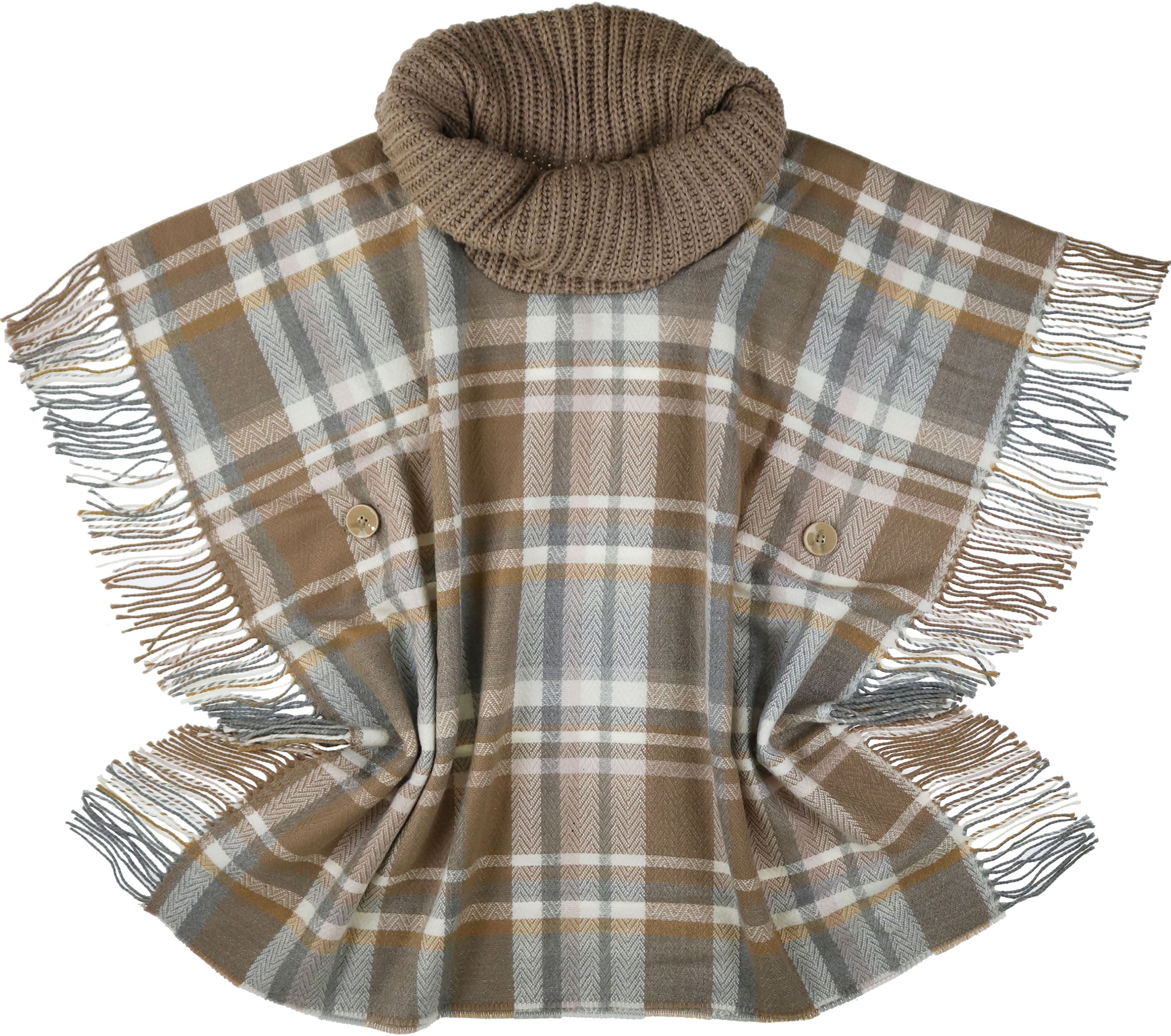Stylish Tartan Cowl Neck Poncho with Side Fringe - Perfect for Fall Fashion, Outdoor Activities & Cozy Layering