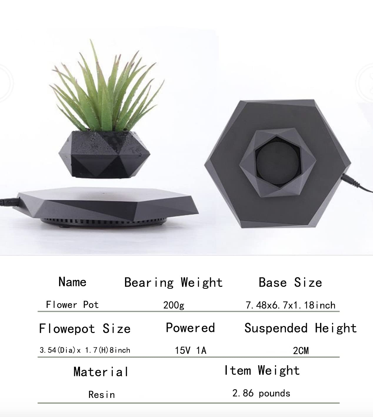 Floating Magnetic Levitating Flower Pot - Black Hexagon Air Bonsai Planter with 360° Rotation | Unique Home & Office Desk Decor for Modern Spaces