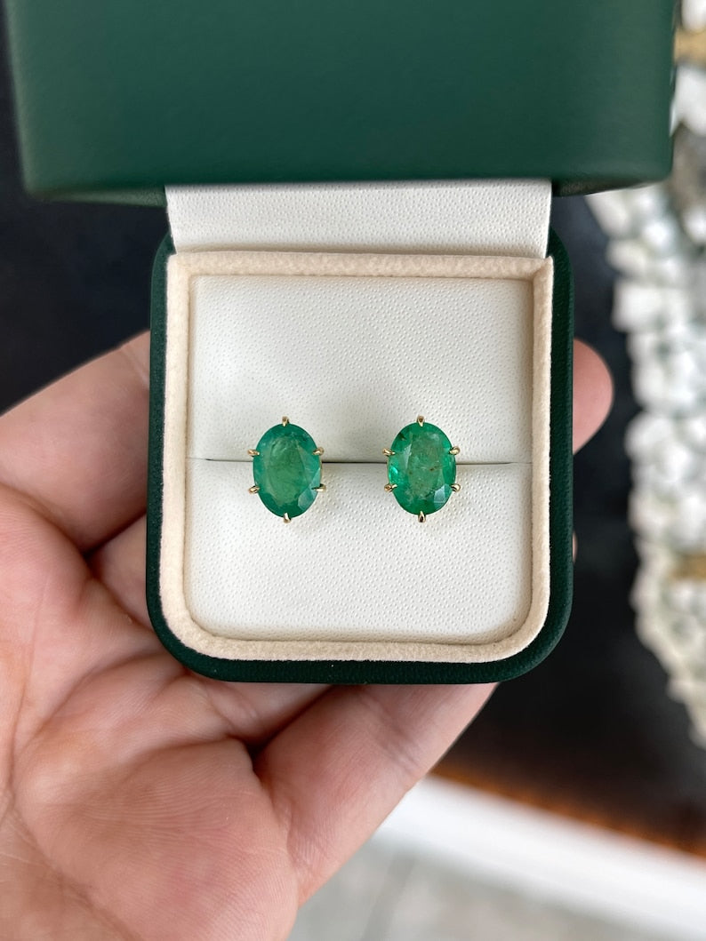 4.78tcw 18K Gold 6 Prong Green Oval Emerald Solitaire Stud Earrings for Women - Elegant Fine Jewelry Gift for Birthday, Anniversary & Special Occasions