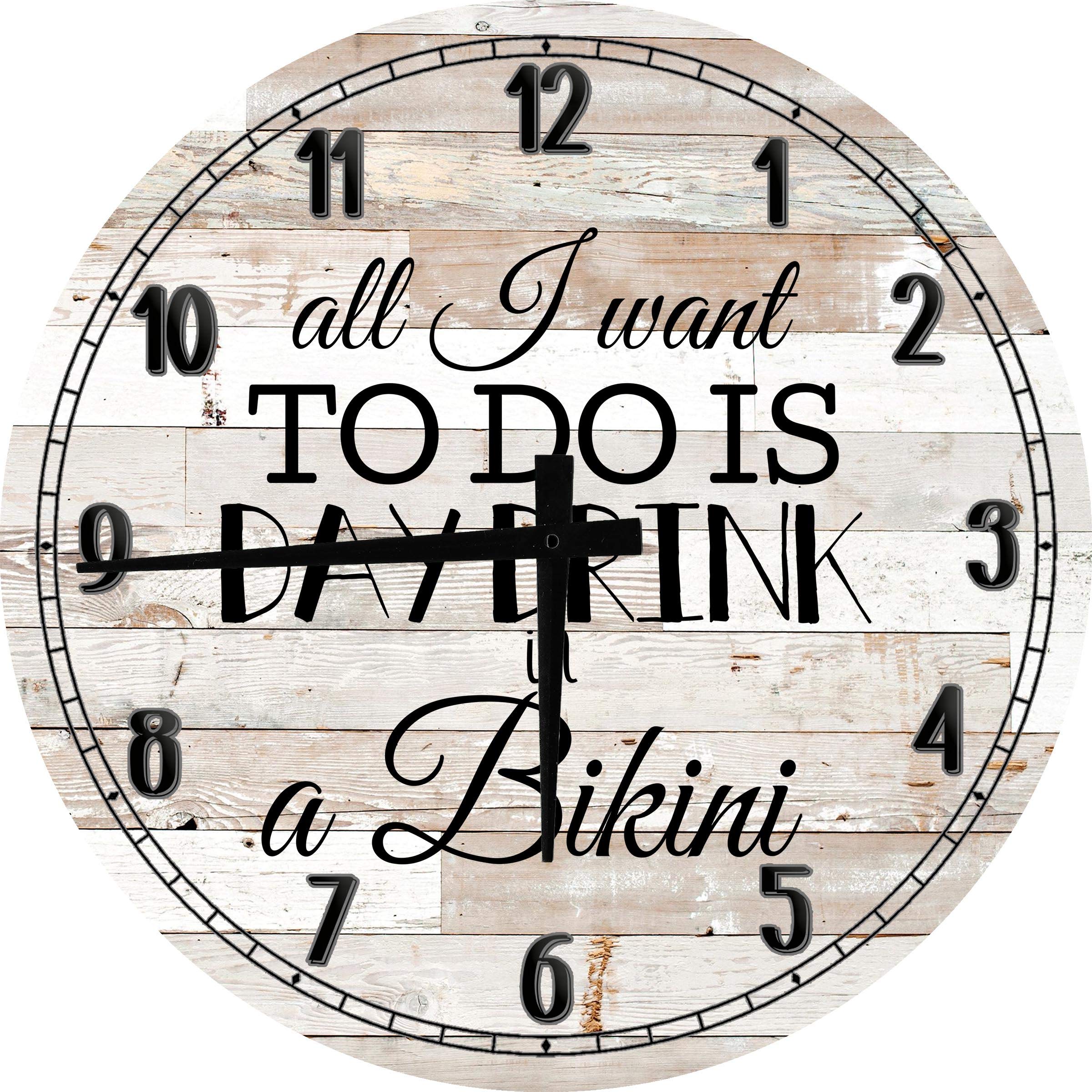 Funny Wine Lover Girl Beach Wall Art - 18 Inch Large Round Wood Wall Clock - Perfect for Kitchen, Living Room, or Beach House Decor - All I Want to Do is Day Drink in a Bikini