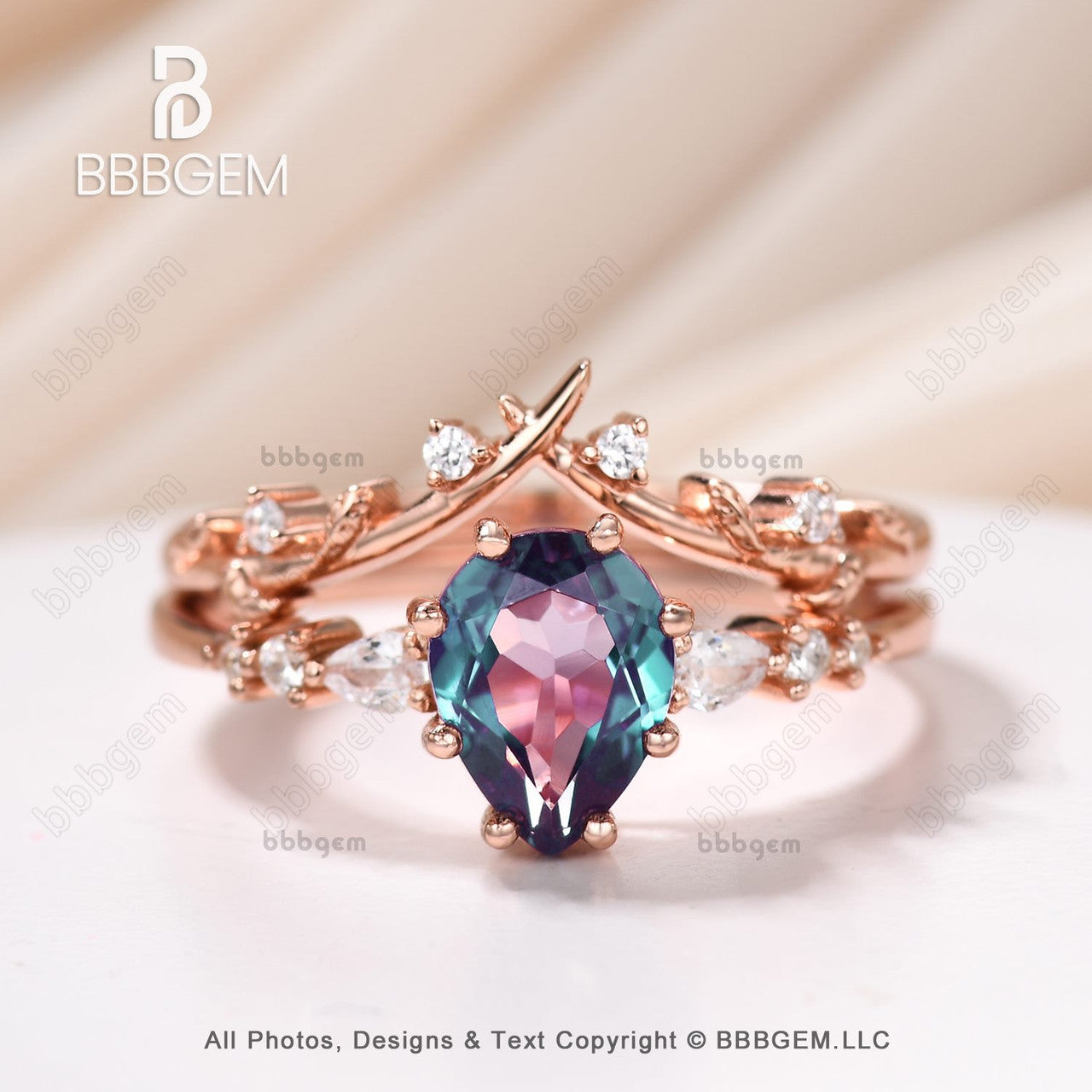 Art Deco Pear Lab Alexandrite Promise Ring Set with Moissanite Leaf Stacking Band for Women - Nature Inspired Jewelry for Engagement, Wedding & Everyday Wear