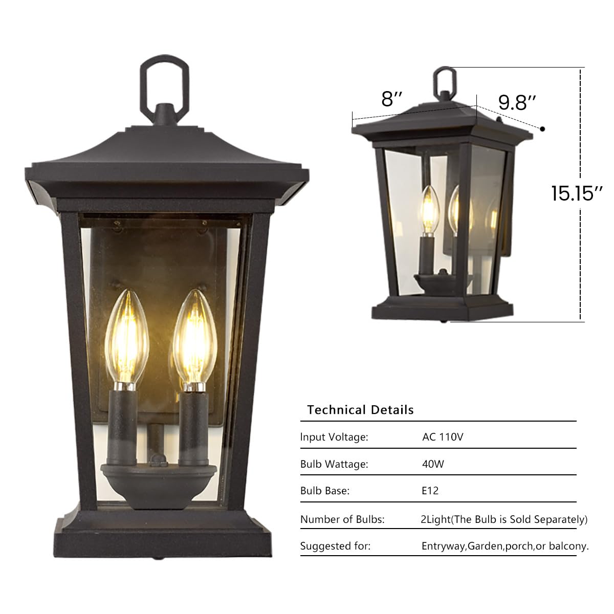 Outdoor Wall Lantern - Waterproof Exterior Wall Sconce Light Fixture with Clear Glass, Black Anti-Rust Porch Lighting for Patio, Garden & Entryway