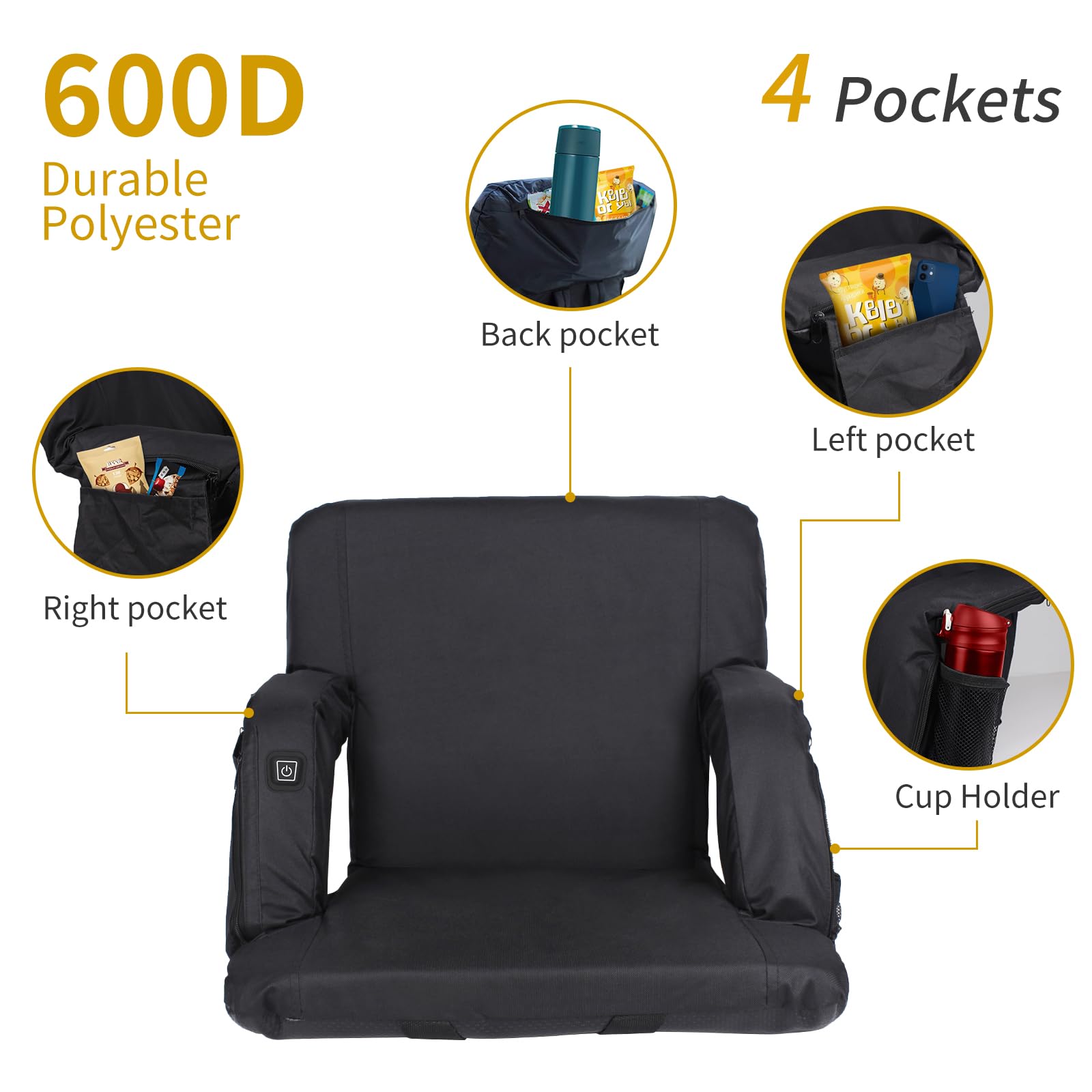 Heated Stadium Seat with Back Support - 3-Level USB Heating, Extra Wide & Portable Bleacher Chair for Outdoor Sports - 6 Reclining Positions (2-Pack) - Perfect for Football Games, Soccer Matches & Cold Weather Events