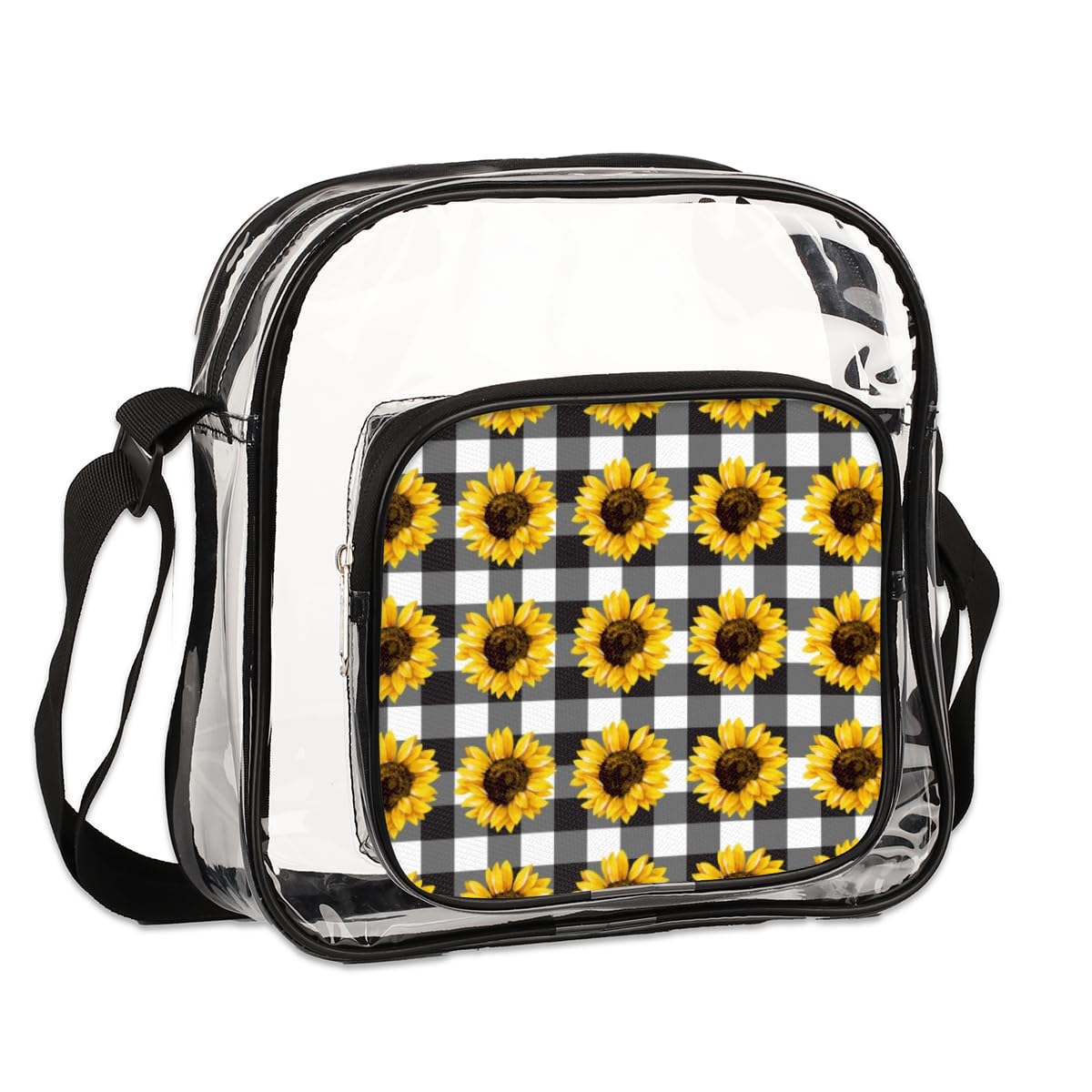 Sunflower Plaid Clear Crossbody Purse - Stadium Approved Transparent Bag for Women & Men | Perfect for Music Festivals, Sports Events & Concerts | Fashionable Yellow Floral Pattern Shoulder Bag