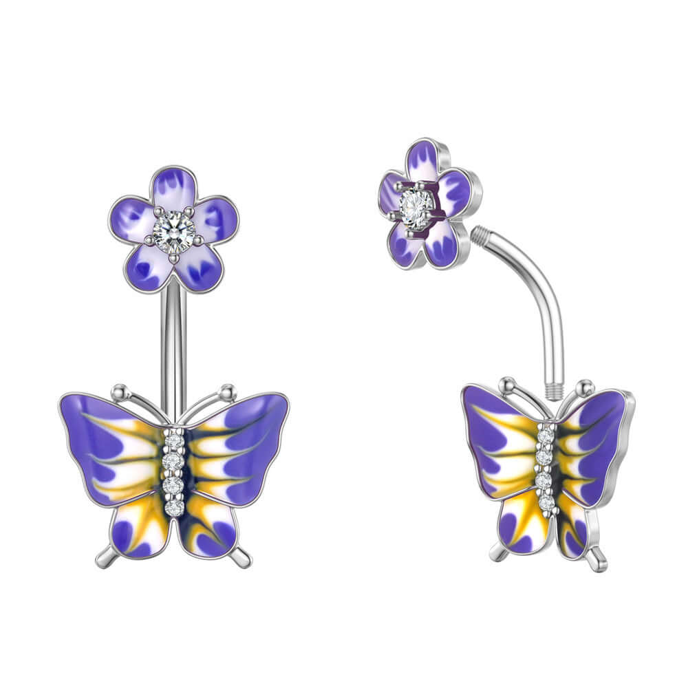 14G Purple CZ Butterfly Double Mount Dangle Belly Button Ring | WH2560 - Stylish Body Jewelry for Women, Perfect for Parties, Beach & Summer Outfits