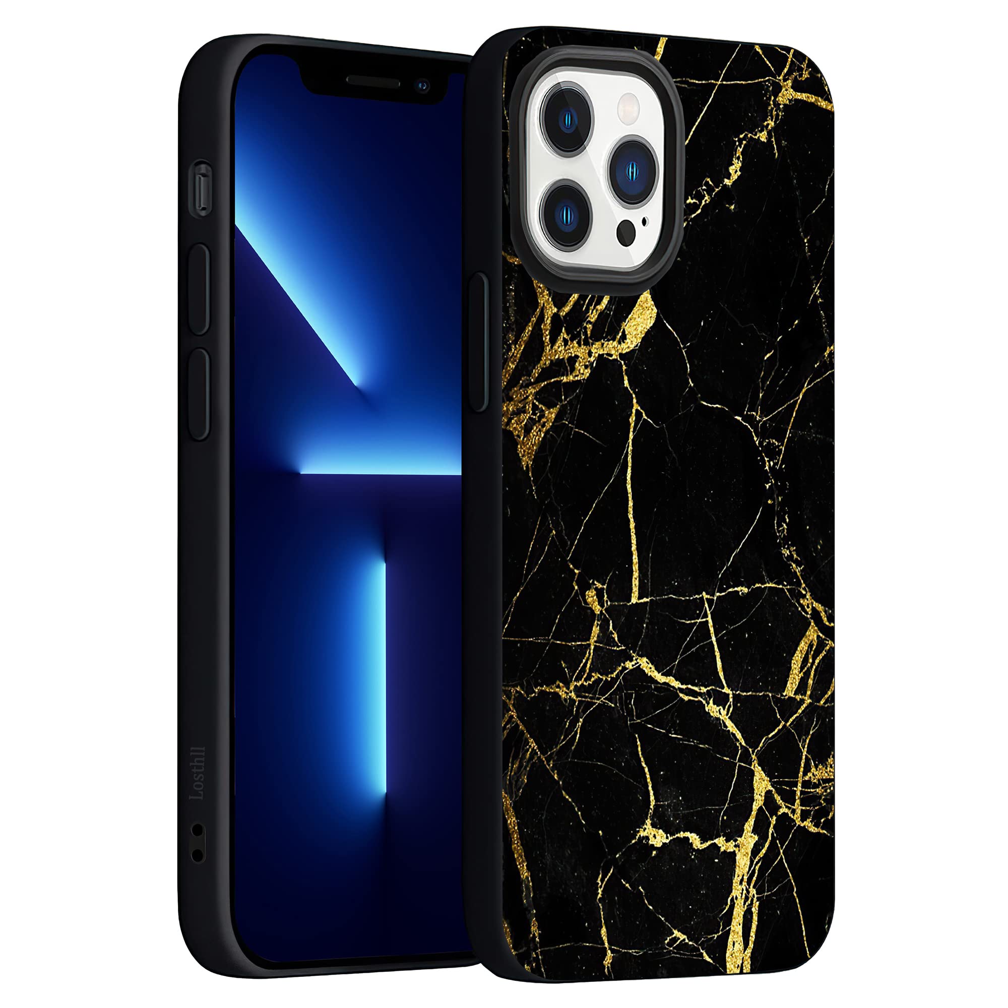 Shockproof Liquid Silicone Case for iPhone 13 Pro Max 6.7 inch - Soft Gel Rubber Protective Cover with Black Gold Marble Design | Durable Full-Body Protection for Everyday Use, Travel & Outdoor Activities