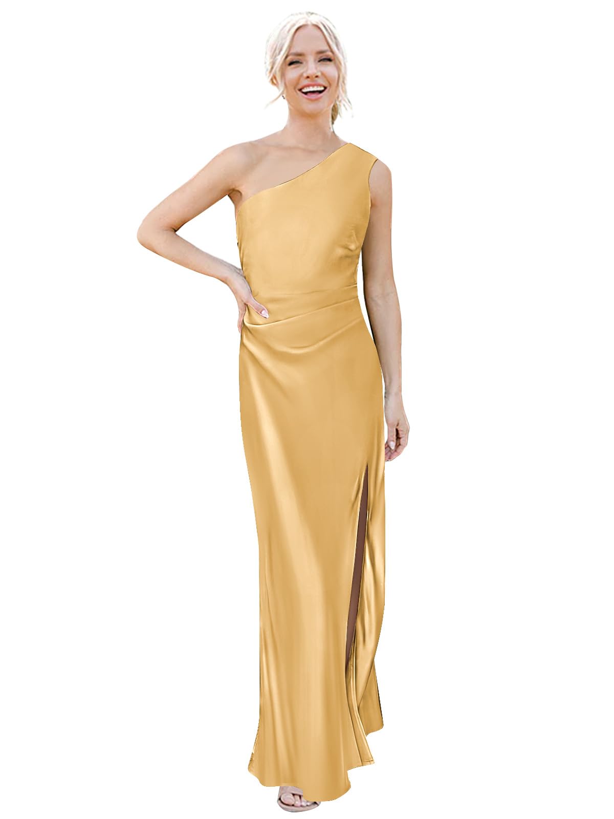 Elegant One Shoulder Long Satin Mermaid Bridesmaid Dress with High Slit - Women's Formal Prom Party Gown for Weddings, Evening Events & Special Occasions