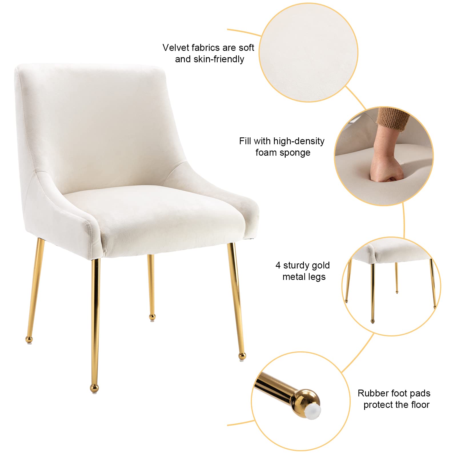 Premium Velvet Dining Chairs Set of 2 - Modern Upholstered Accent Chairs with Gold Metal Legs for Kitchen, Dining Room, Living Room & Bedroom - Soft Cream Velvet Fabric - Perfect for Entertaining, Family Meals & Home Decor