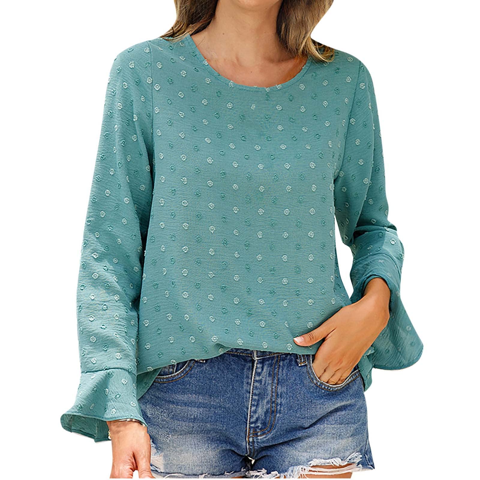 Women's Long Flared Sleeve Polka Dot Print Crew Neck T-Shirt - Casual Cotton Linen Pullover Blouse Tunic Top for Spring Summer Outfits, Office Wear & Date Nights