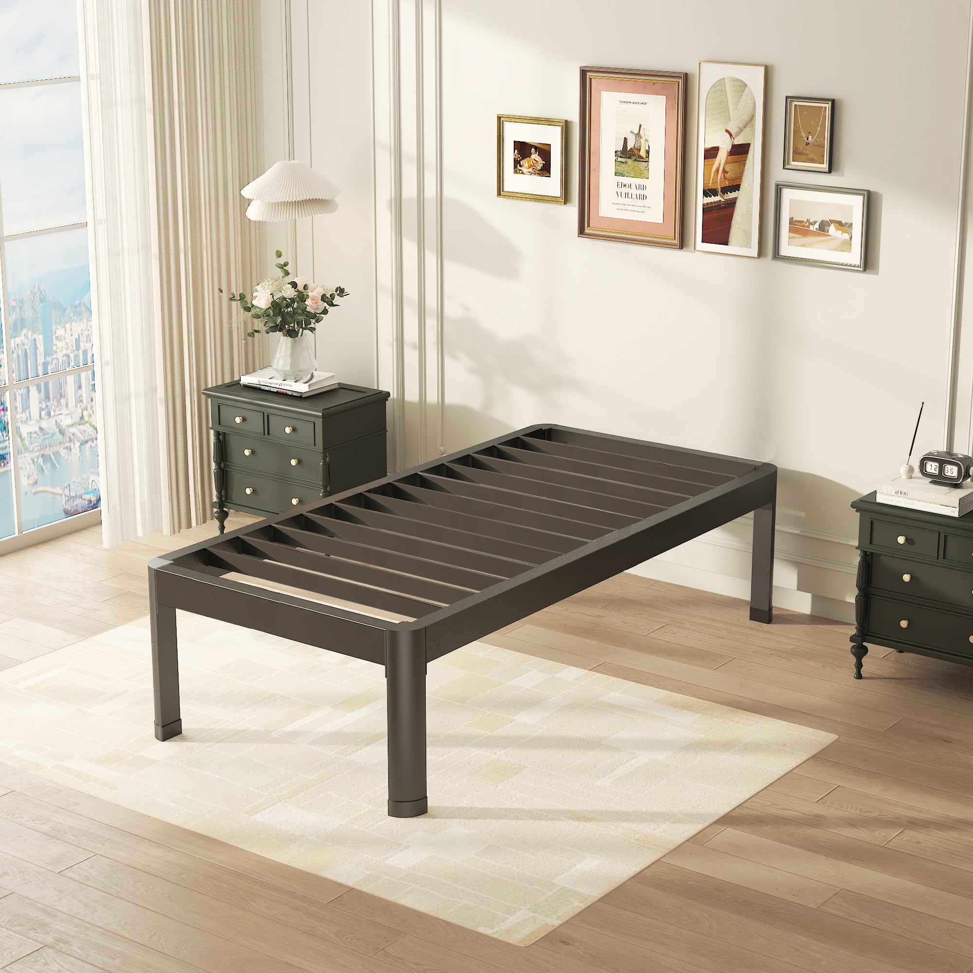 Sturdy 14 Inch Twin Metal Bed Frame with Round Corner Edge Legs - Heavy Duty 3500 lbs Capacity, No Box Spring Needed, Noise Free & Non-Slip Design with Steel Slat Support - Perfect for Kids Rooms, Guest Beds & Small Spaces