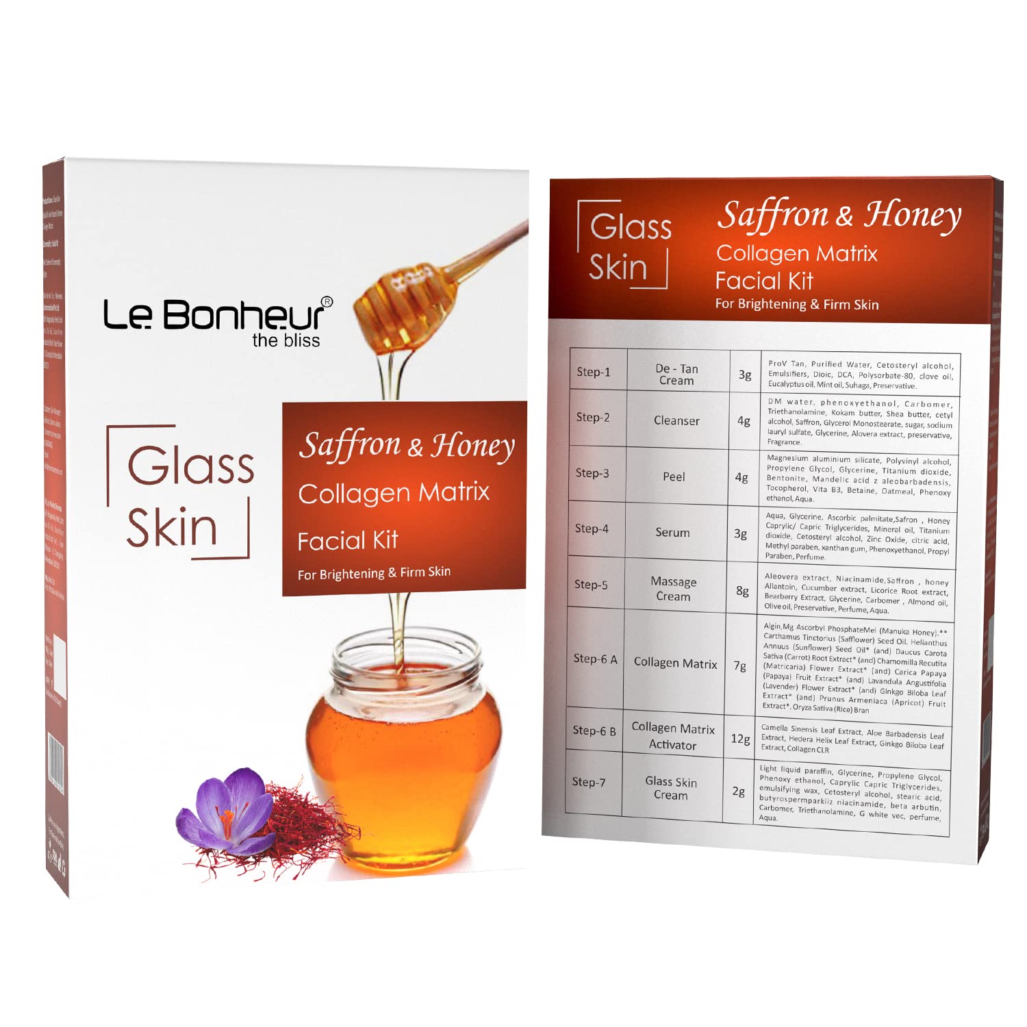 Le Bonheur Glass Skin Saffron & Honey Collagen Matrix Facial Kit - Anti-Aging, Brightening & Hydrating Skincare Set for Glowing Complexion | 7-Step Routine for Dry, Dull Skin | Perfect for Nighttime Skincare & Pre-Makeup Prep