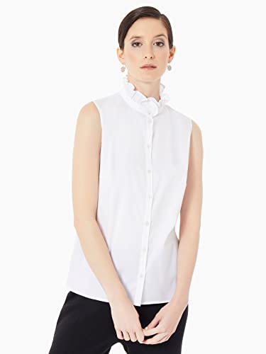 White (Ruffle Neck Stretch Cotton Blouse)