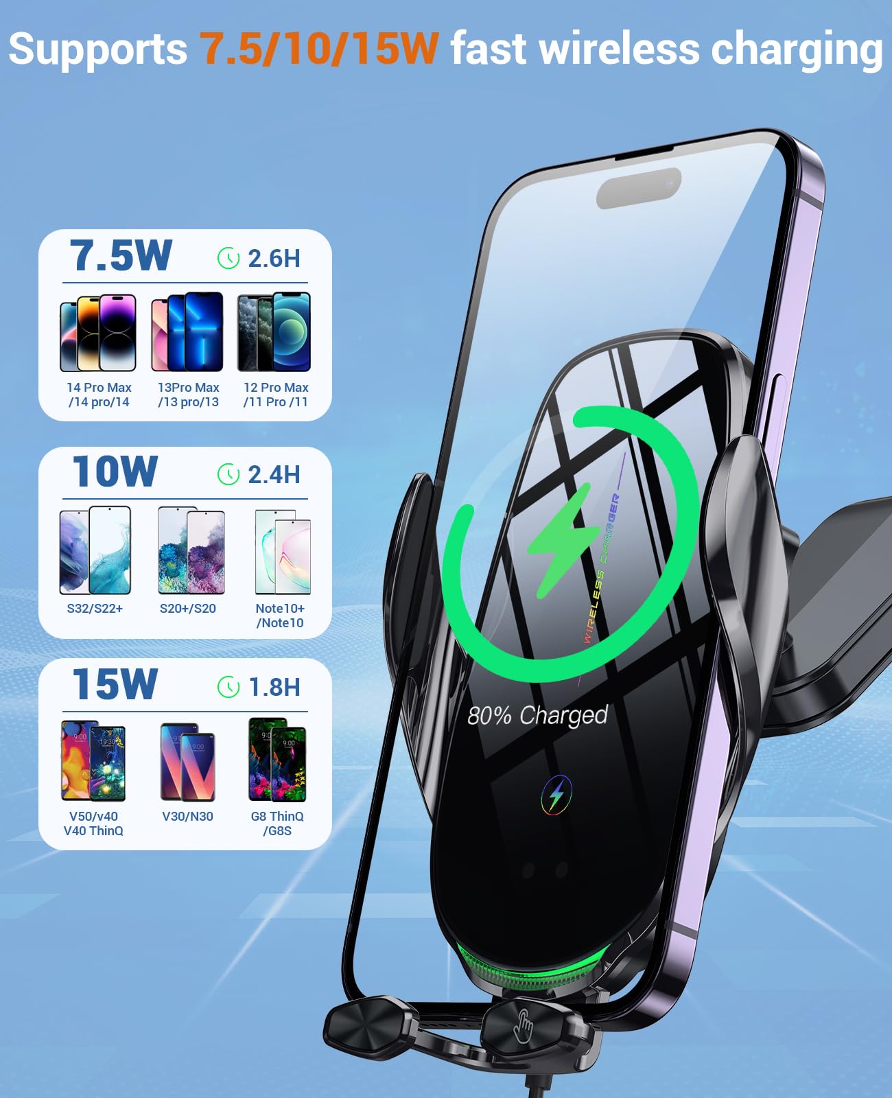 15W Fast Wireless Car Charger with Auto-Clamping - Compatible with iPhone 15/14/13/12/11 Pro Max/XS, Samsung Galaxy S23 Ultra/S22/S21/S20/S10+/S9+/Note 9 - Perfect for Road Trips & Commuting