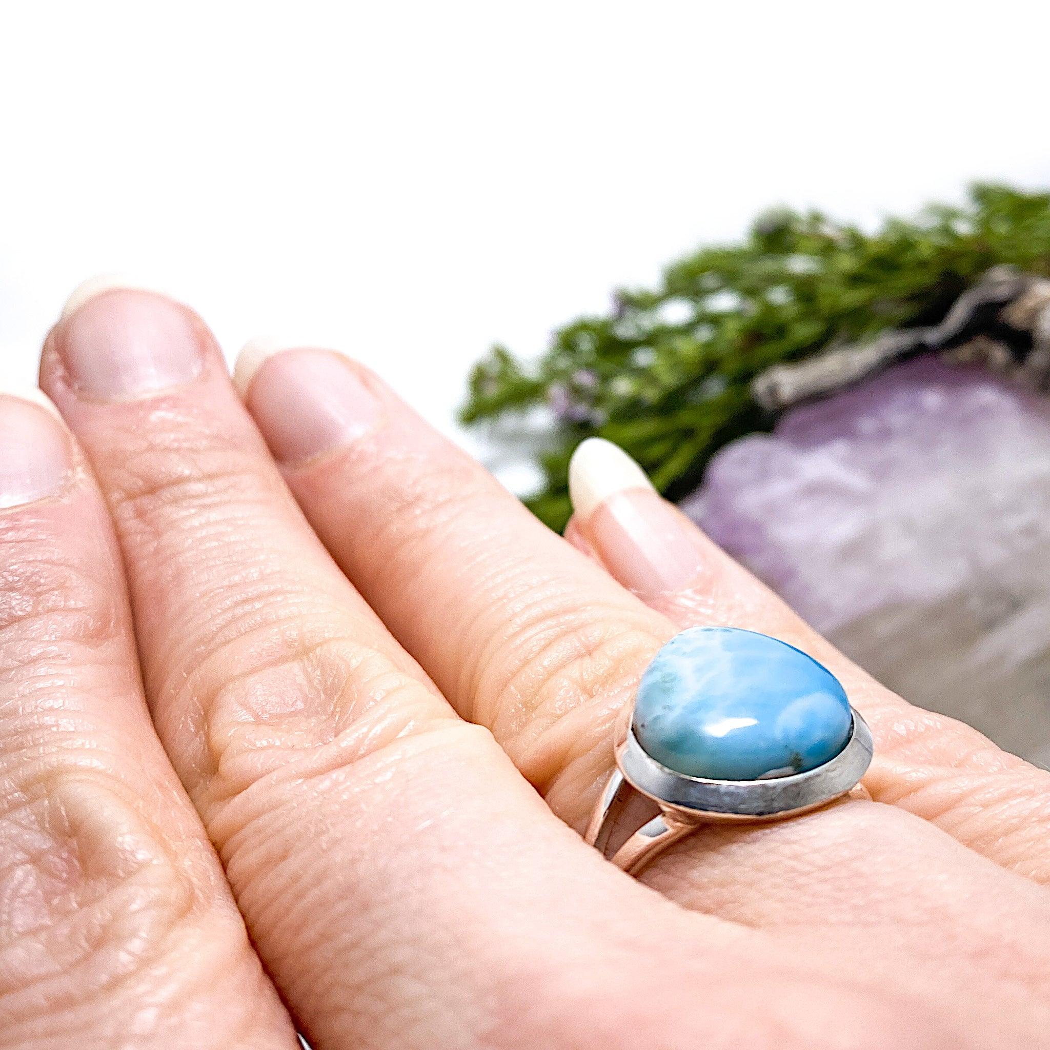 Larimar Teardrop Ring - Size 8 - KRGJ1363 - Handmade Sterling Silver Jewelry for Women - Perfect for Beach Weddings & Boho Fashion
