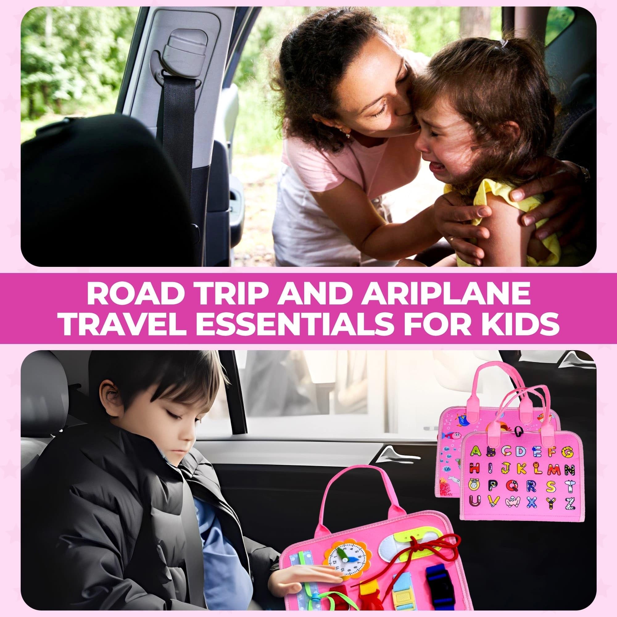 Montessori Busy Board for Toddlers 1-5 Years - Sensory Learning Toy for Fine Motor Skills Development - Travel Activity Board for Preschool Boys & Girls - Perfect Birthday Gift for 3+ Year Olds (Pink) - Ideal for Airplane Travel, Car Rides & Quiet Playtime at Home