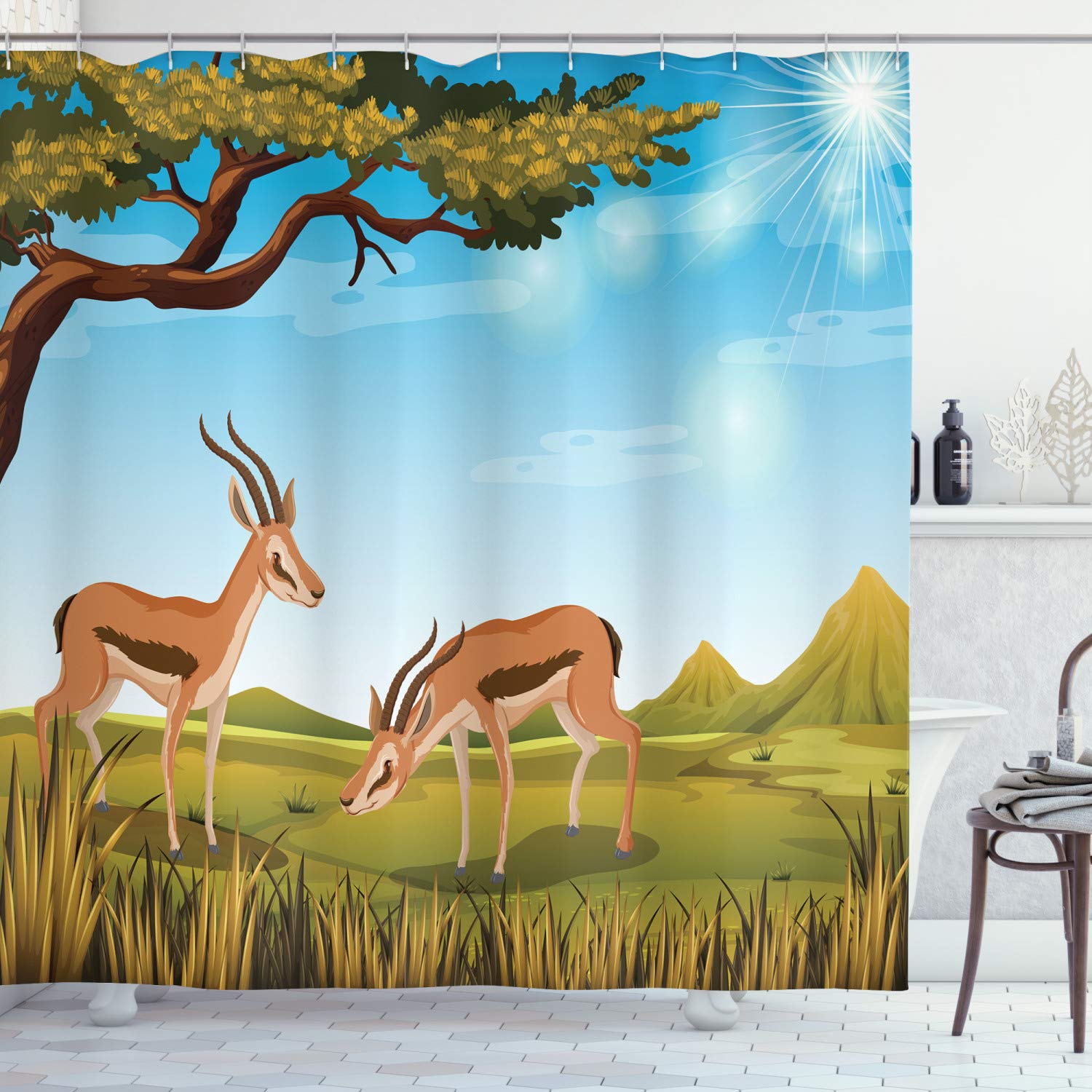 Ambesonne Antelope Shower Curtain - Cartoon Wildlife Nature Scene with Grassland Animals - 69