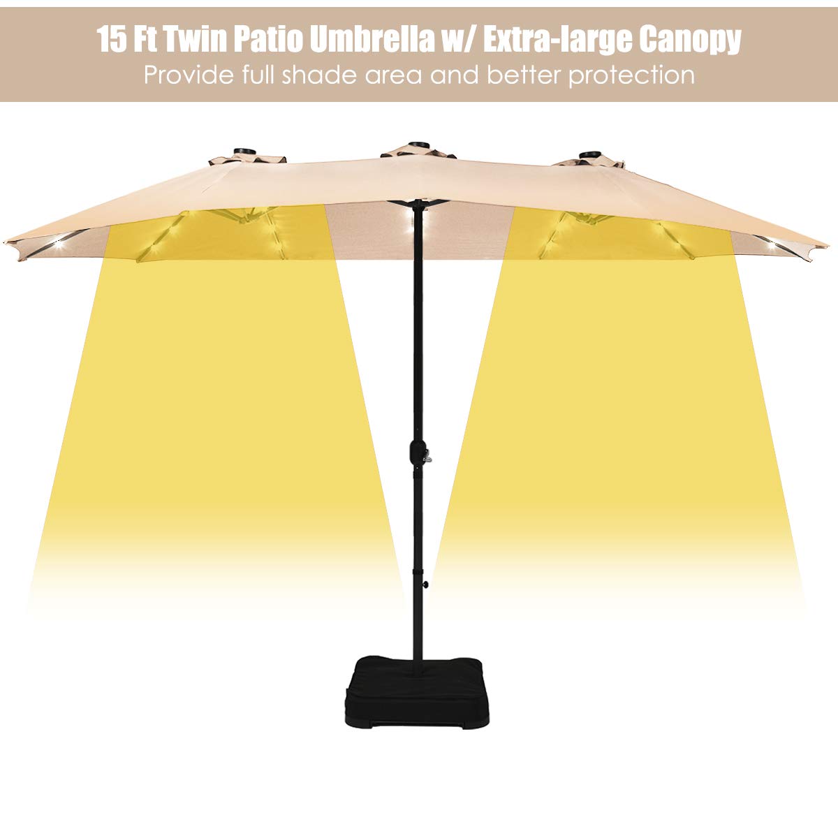 Tangkula 15 Ft Solar Powered LED Patio Umbrella - Double-Sided Outdoor Market Umbrella with 36 LED Lights, Crank Handle & Included Base - Perfect for Backyard, Poolside, and Outdoor Dining (Beige)
