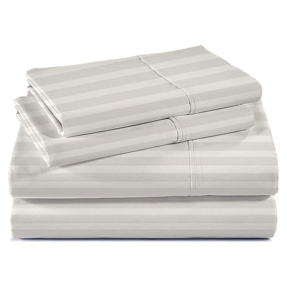Luxury 100% Long Staple Giza Cotton Split King Sheets - Breathable & Soft Egyptian Cotton Bedding Set (Split King Size, Ivory Stripe) for Hotel & Home Master Bedroom Comfort