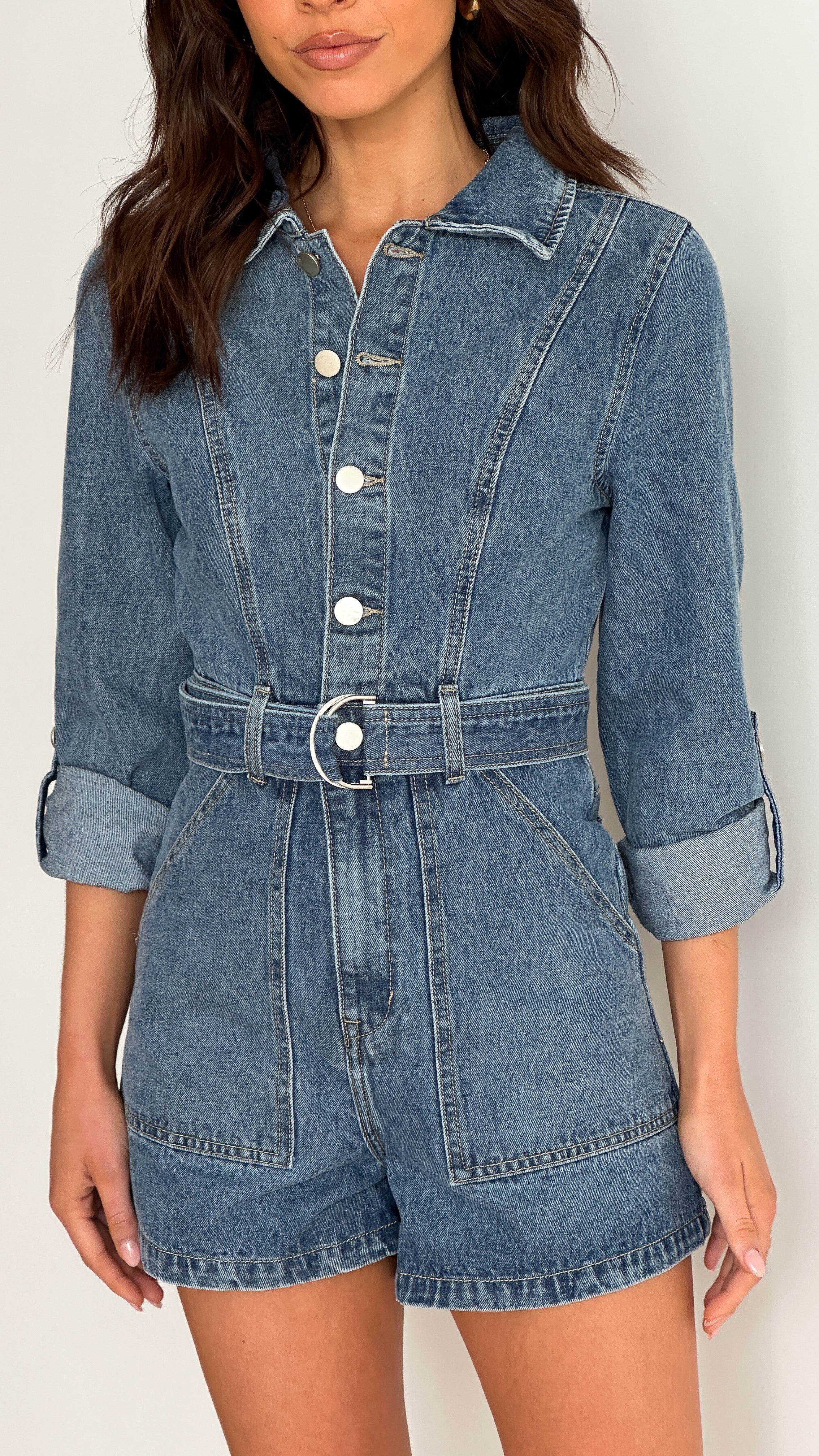 Lakeisha Women's Long Sleeve Denim Jumpsuit - Mid Blue Romper for Casual Wear & Street Style Fashion
