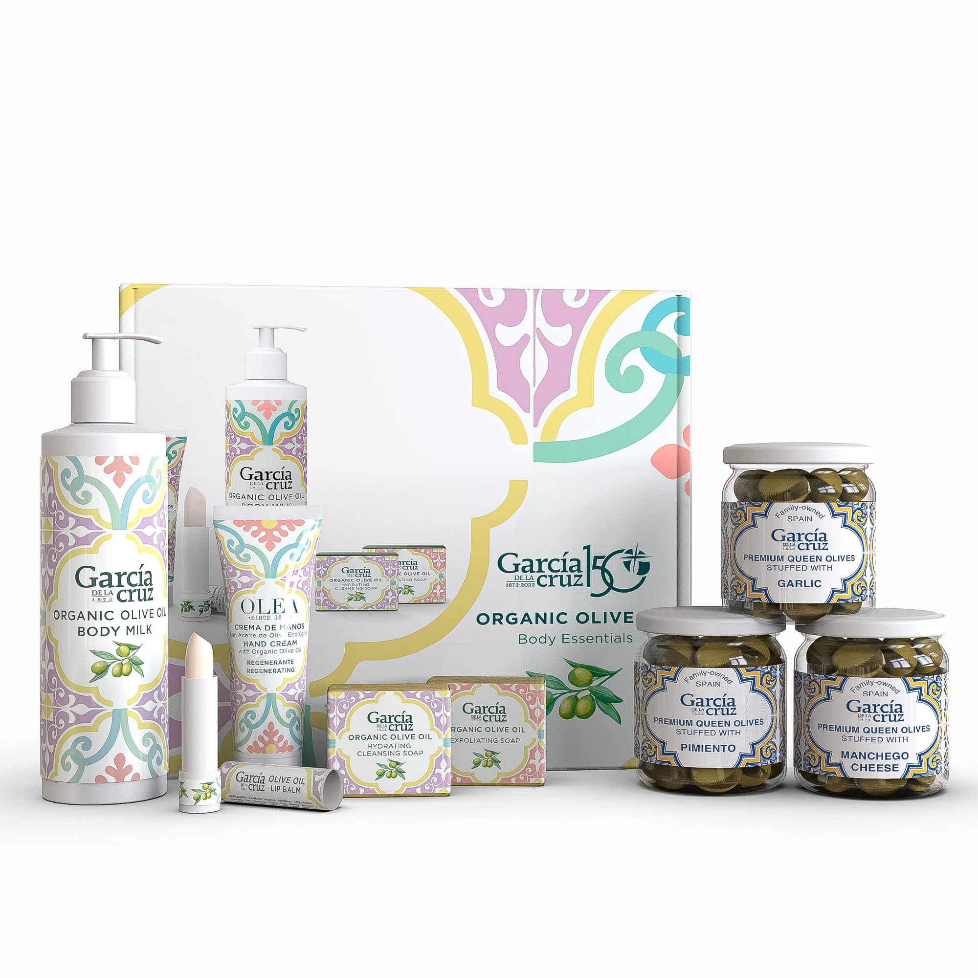 Organic Extra Virgin Olive Oil Body Care Kit & Gourmet Spanish Stuffed Olives Variety Pack - Perfect for Spa Day & Charcuterie Board Gifts