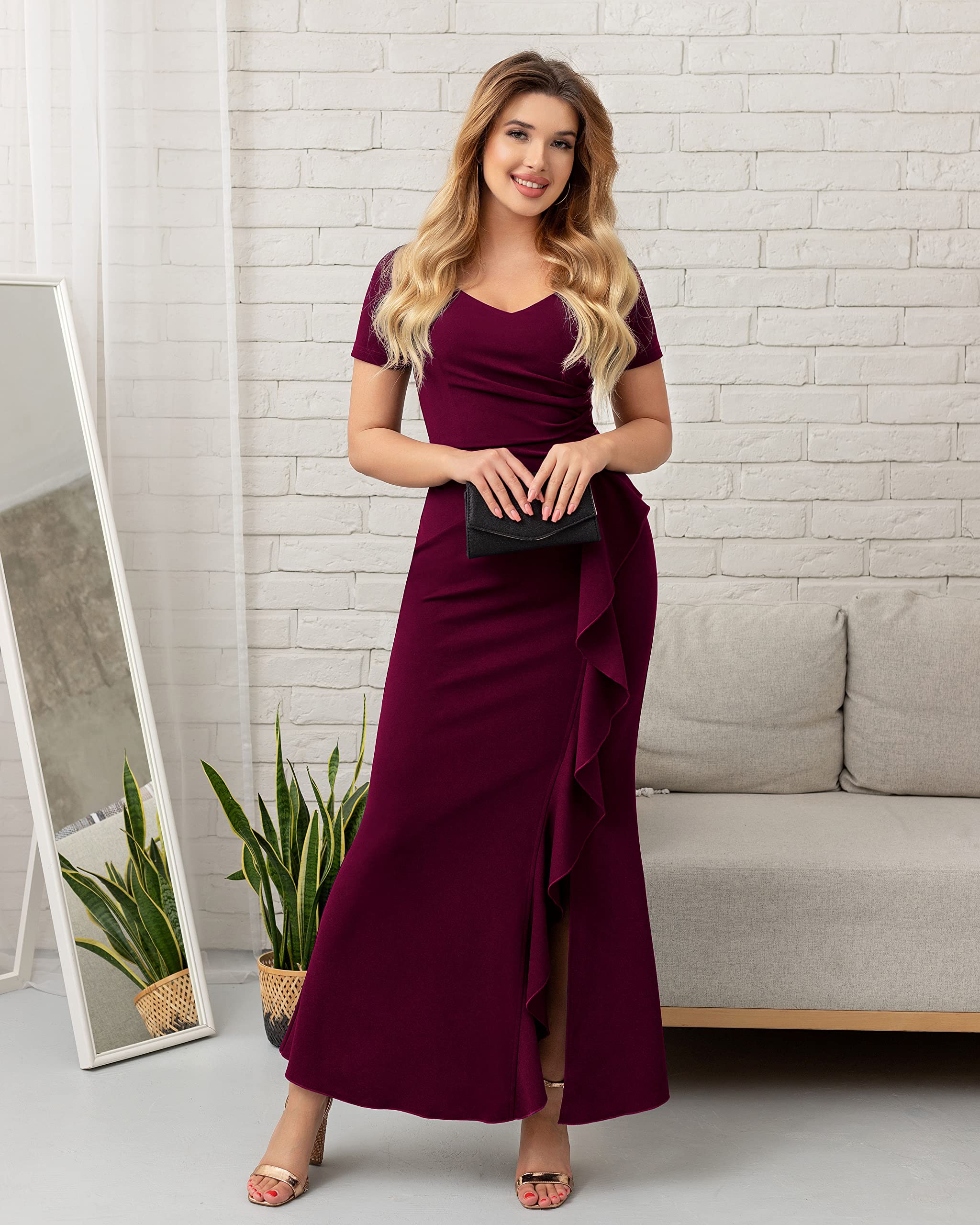 Miusol Women's Deep V-Neck Ruffle Split Evening Prom Long Dress - Elegant Formal Gown for Prom, Homecoming, Cocktail Party & Special Occasions