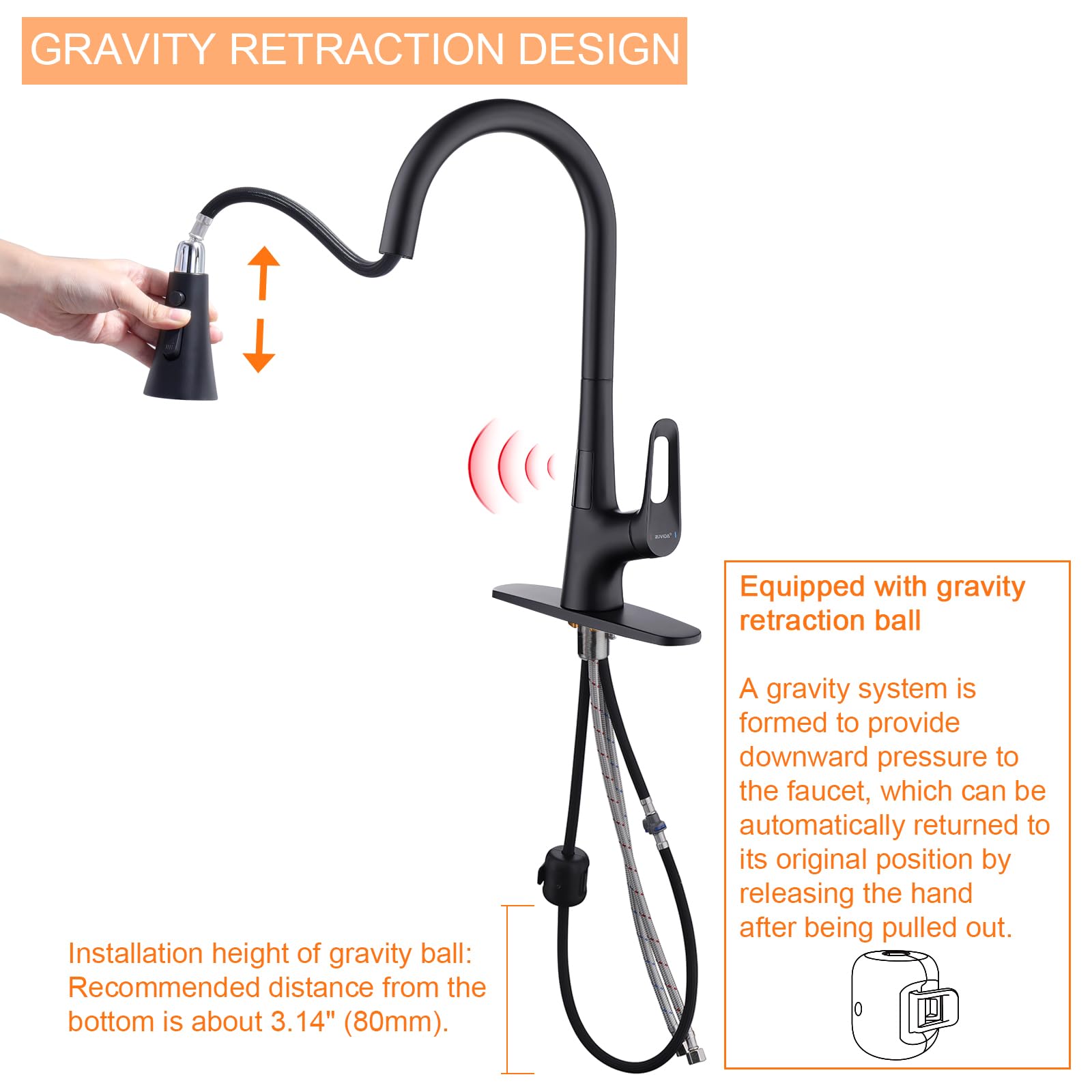 RUVIDA Matte Black Kitchen Faucet with Pull Down Sprayer - Single Handle Motion Sensor Sink Faucet with Deck Plate & 3 Spray Functions - Perfect for Commercial, Farmhouse, Camper, Laundry, and Home Kitchen Use