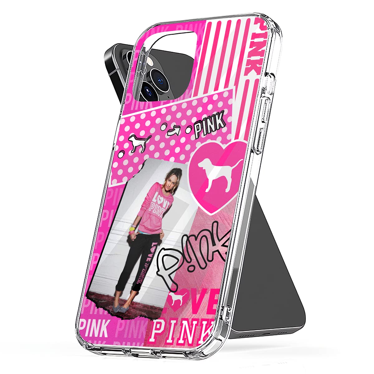 Premium Shockproof Phone Case for iPhone 11/12/SE/X/8/XR/7/6s - Pink Photo Collage Design with Victoria Secret Logo - Perfect for Daily Protection & Stylish Accessory | Ideal for Work, Travel & Social Media Photography