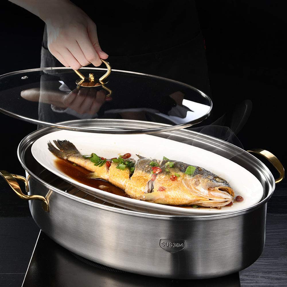 Premium Stainless Steel Fish Poacher Steamer Pot - 38cm Oval Induction Cooker & Stove Compatible - Multifunctional Kitchen Tool for Perfectly Steamed Fish, Seafood & Vegetables - Ideal for Home Chefs & Gourmet Cooking Gifts