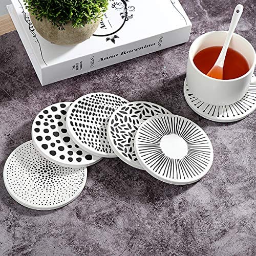 6-Pack Absorbent Ceramic Drink Coasters with Holder - Stylish Mix Patterns for Home Decor, Living Room, Bar & Outdoor Use - Perfect for Birthday & Housewarming Gifts by TDTOK | Ideal for Coffee Tables, Patio Furniture & Dinner Parties