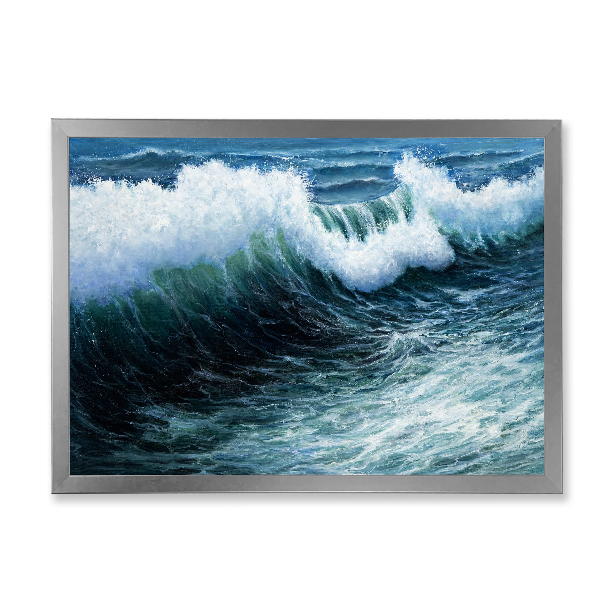 DesignQ Storm Waves In The Ocean Nautical Coastal Framed Wall Art - Beach House Decor, Living Room Wall Decor, Office Wall Art
