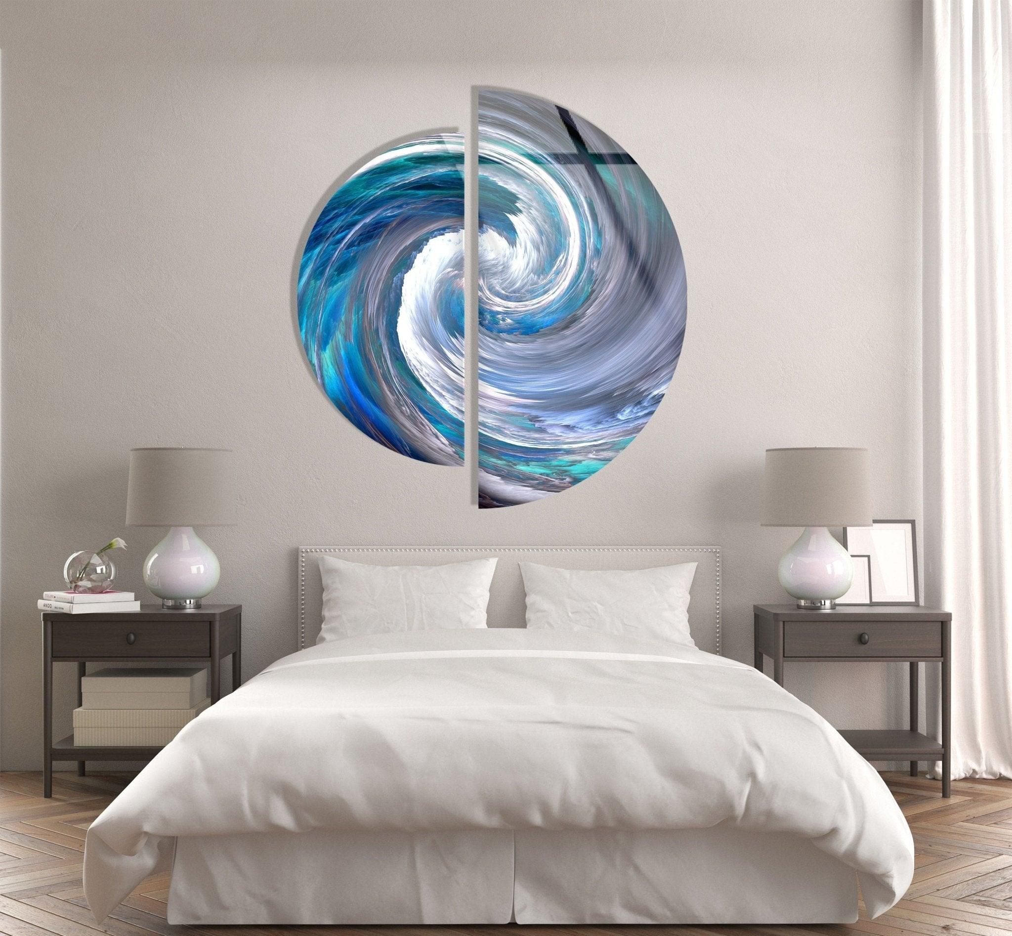 2 Piece Blue Abstract Glass Wall Art Set - Modern Home Decor for Living Room, Bedroom & Office - Handmade Glass Painting for Unique Interior Design