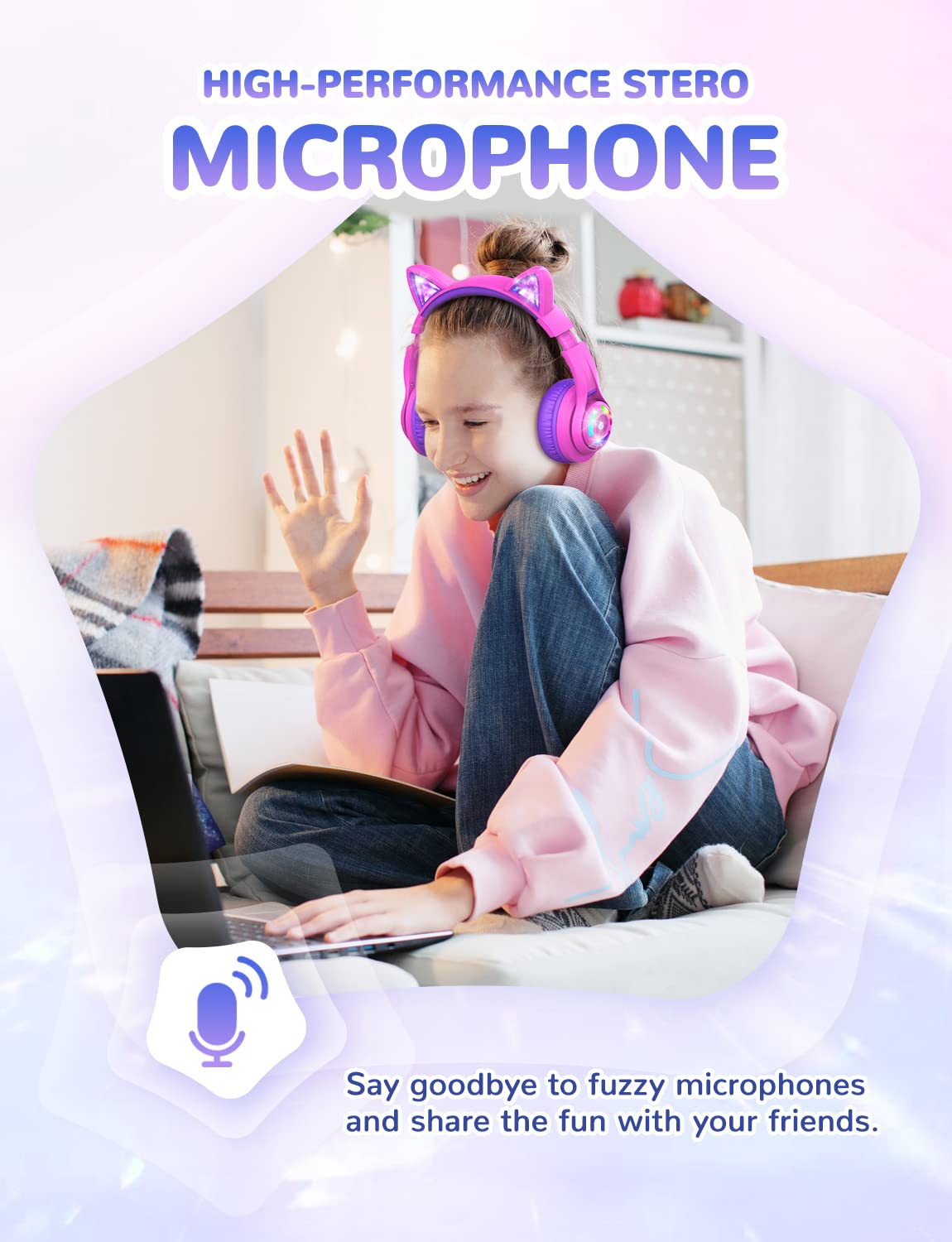 iClever Cat Ear Kids Bluetooth Headphones with LED Lights - 85dB Safe Volume Limited, 50H Playtime, Bluetooth 5.2, USB-C Charging - Wireless Headphones for Children, Perfect for Travel, iPad, Tablet & School (Meow Macaron Hot Pink)