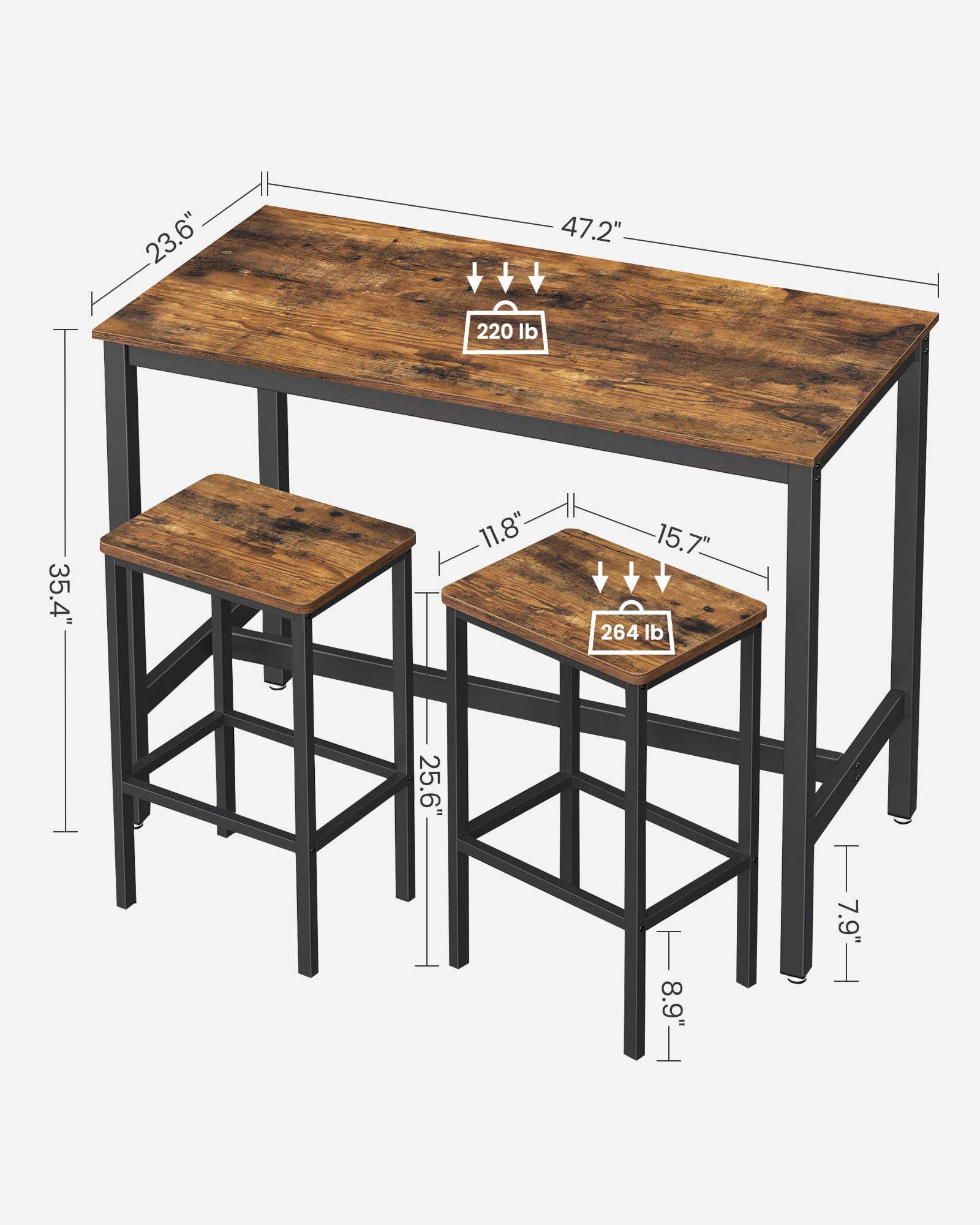 VASAGLE Industrial Bar Table Set with 2 Bar Stools - Rustic Brown and Black Kitchen Counter Height Dining Set for Living Room, Party Room, and Home Bar Decor ULBT15X