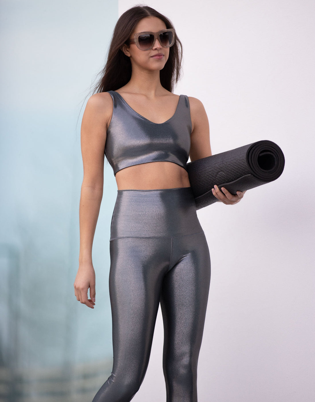 Gunmetal Shimmer V Neck Crop Top for Women - Trendy Party & Night Out Outfit - Perfect for Clubbing, Date Night, and Casual Wear