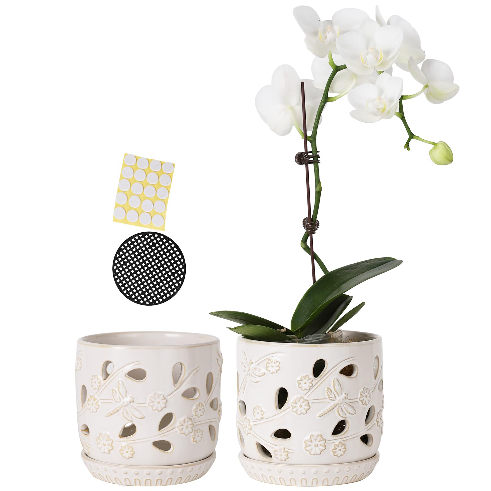 Premium 5 Inch Ceramic Orchid Pots with Saucer - Carved Hollow Design for Optimal Root Health & Ventilation - Indoor/Outdoor Flower Planters (Set of 2) - Perfect for Home Decor, Office Plants & Garden Arrangements