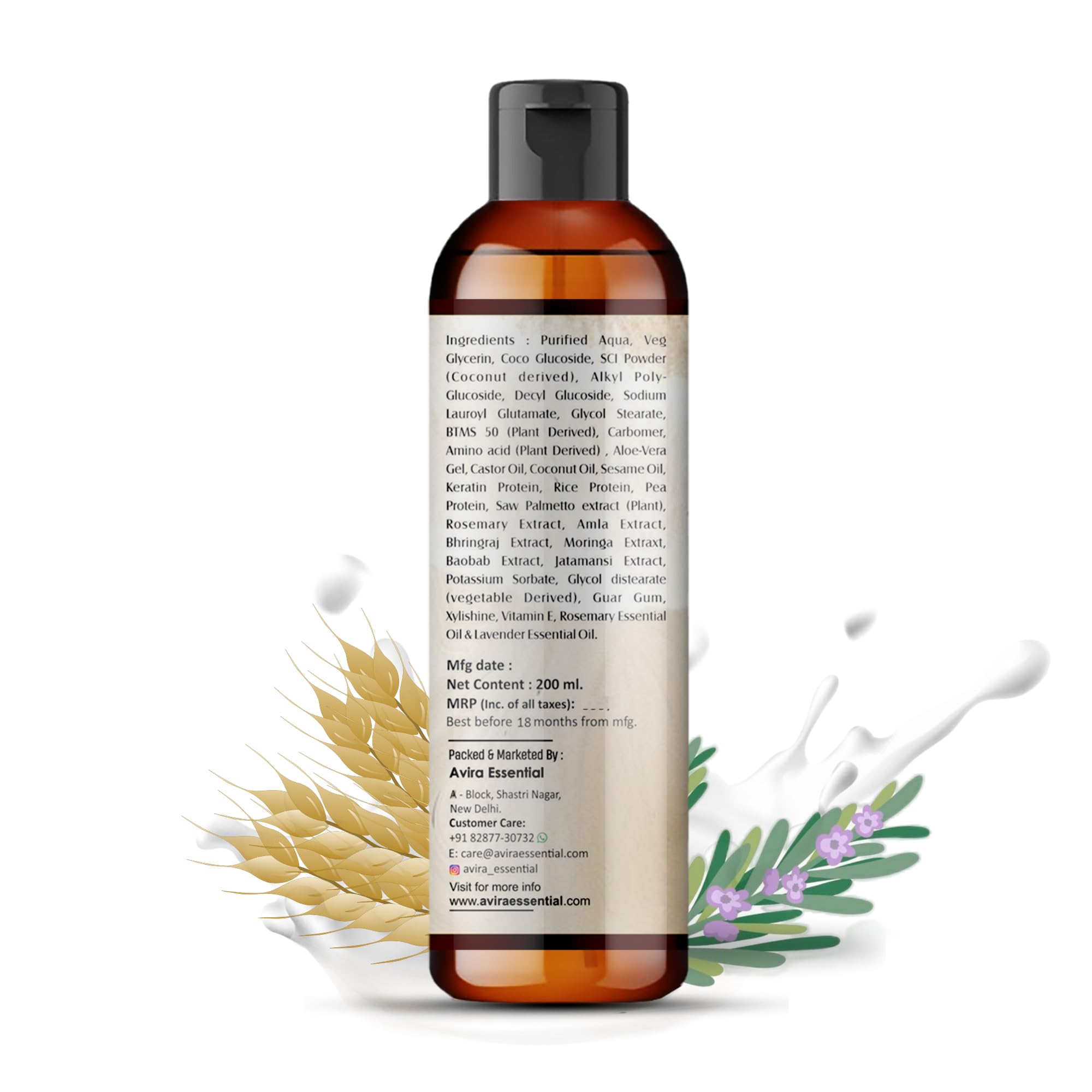 Avira Essential Protein Biotin Castor Shampoo for Hair Growth - Anti Hair Loss, Anti Dandruff & Frizz Control | Organic Keratin & Rice Protein Shampoo for Women & Men - Volumizing Treatment for Dry, Damaged Hair (200ml) | Perfect for Daily Use & Hair Repair Routine