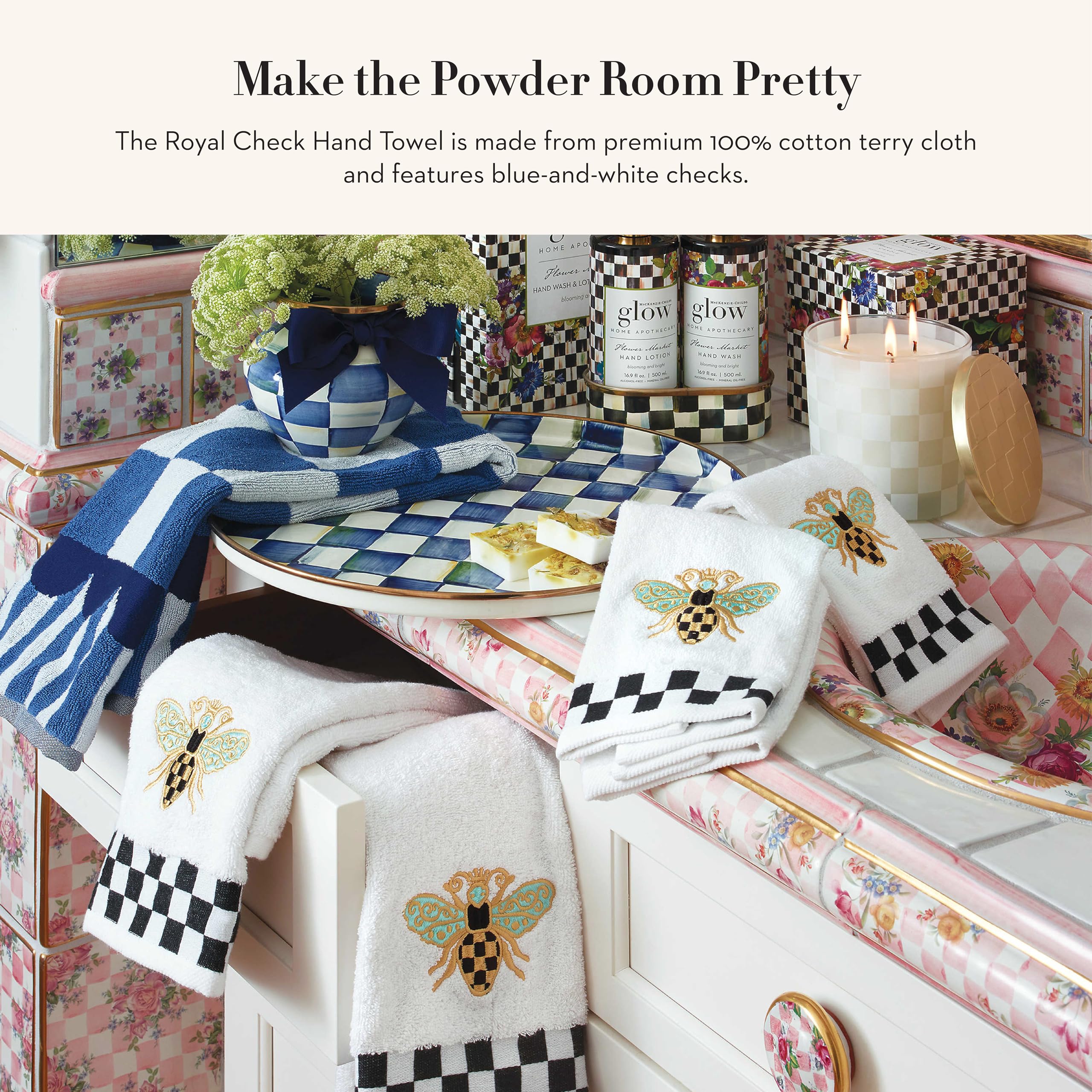 MACKENZIE-CHILDS Blue and White Royal Check Hand Towel - Decorative Cotton Kitchen & Bath Towel for Home Decor, Gifts, and Everyday Use