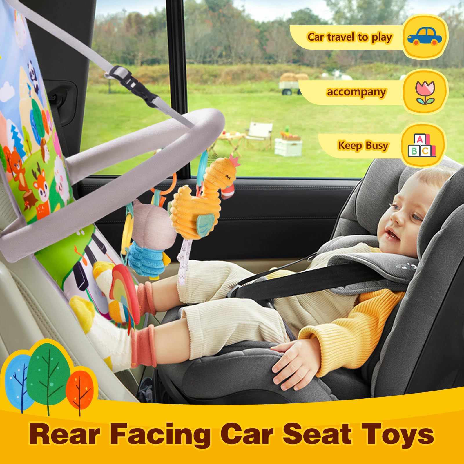 Best Baby Car Seat Toys for 0-6 Months - Musical Kick & Play Activity Arch with Sensory Features | Developmental Travel Toys for Infants & Toddlers | Perfect for Strollers, Road Trips & Airplane Rides (Flamingos Design)