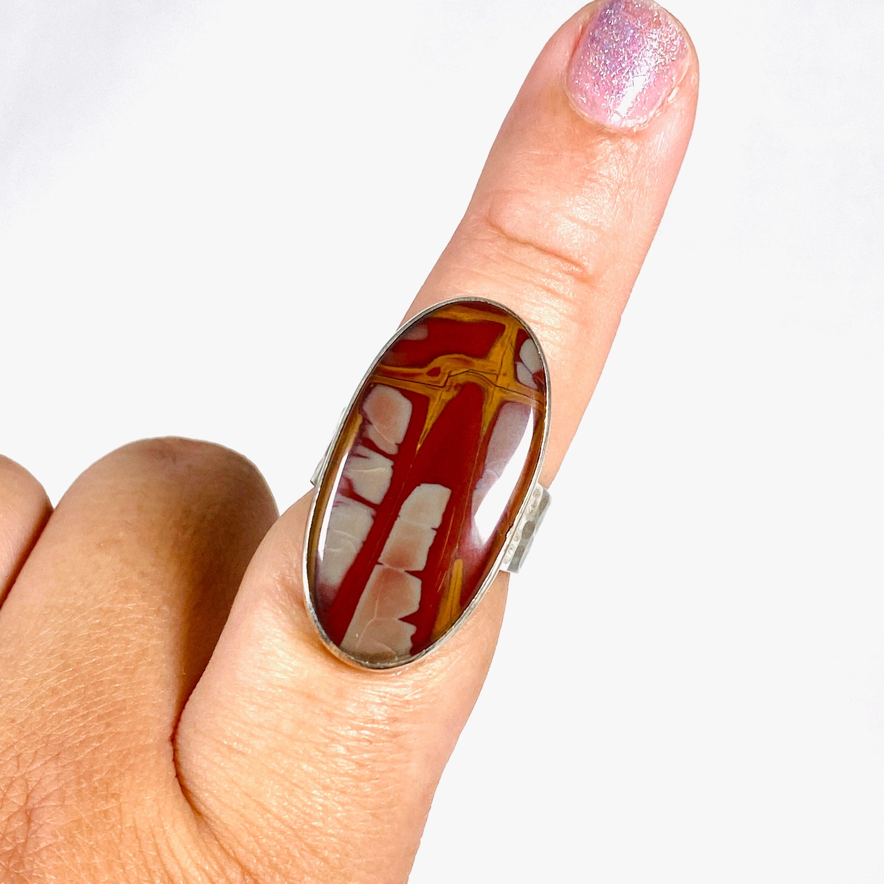 Pilbara Noreena Jasper Oval Hammered Band Ring - Size 9 - KRGJ2219 - Handmade Boho Jewelry for Women - Perfect for Everyday Wear & Special Occasions