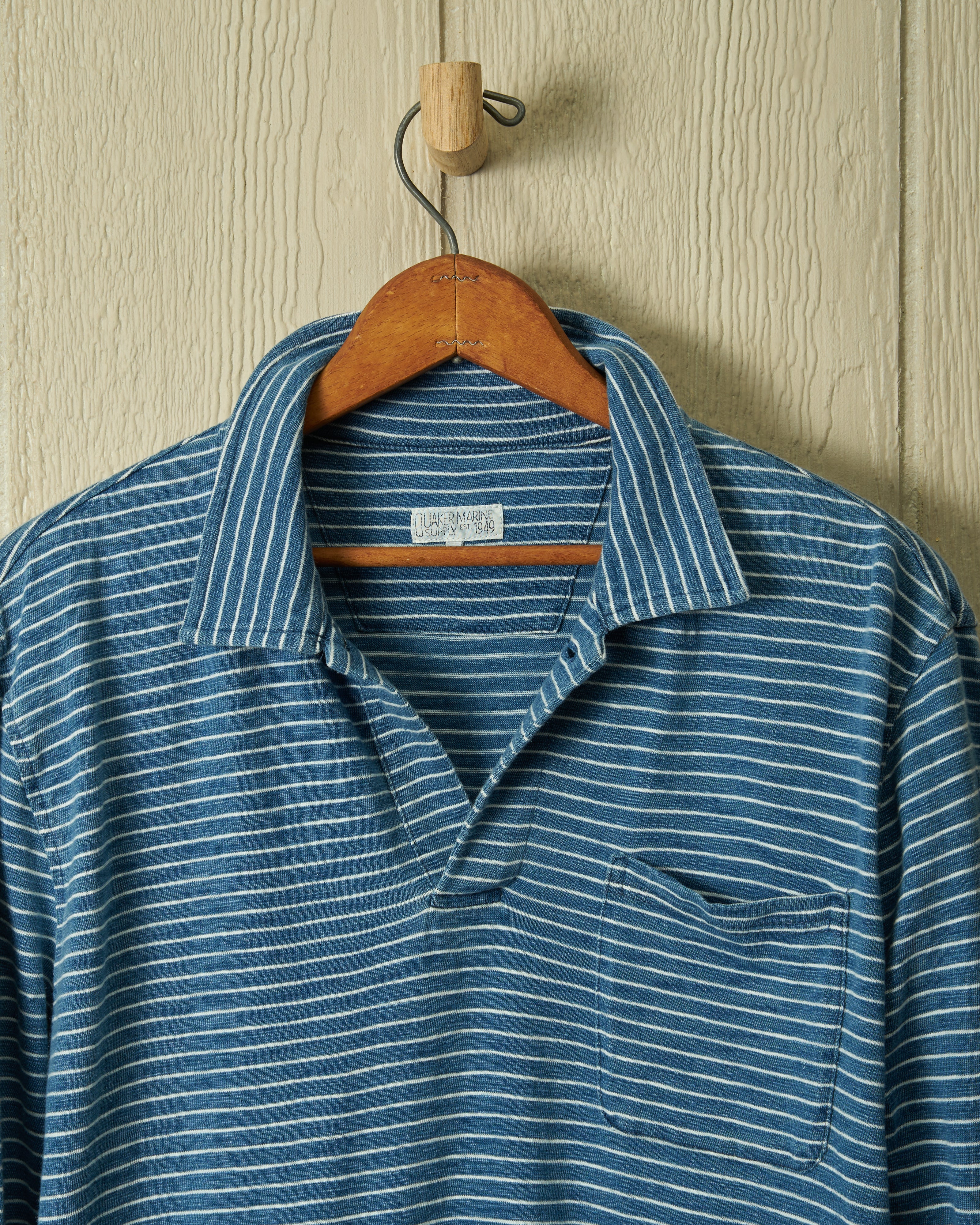 Men's Long Sleeve Indigo Polo Shirt - Blue & White Slub Stripe Cotton Casual Wear for Office, Golf & Everyday Outfits