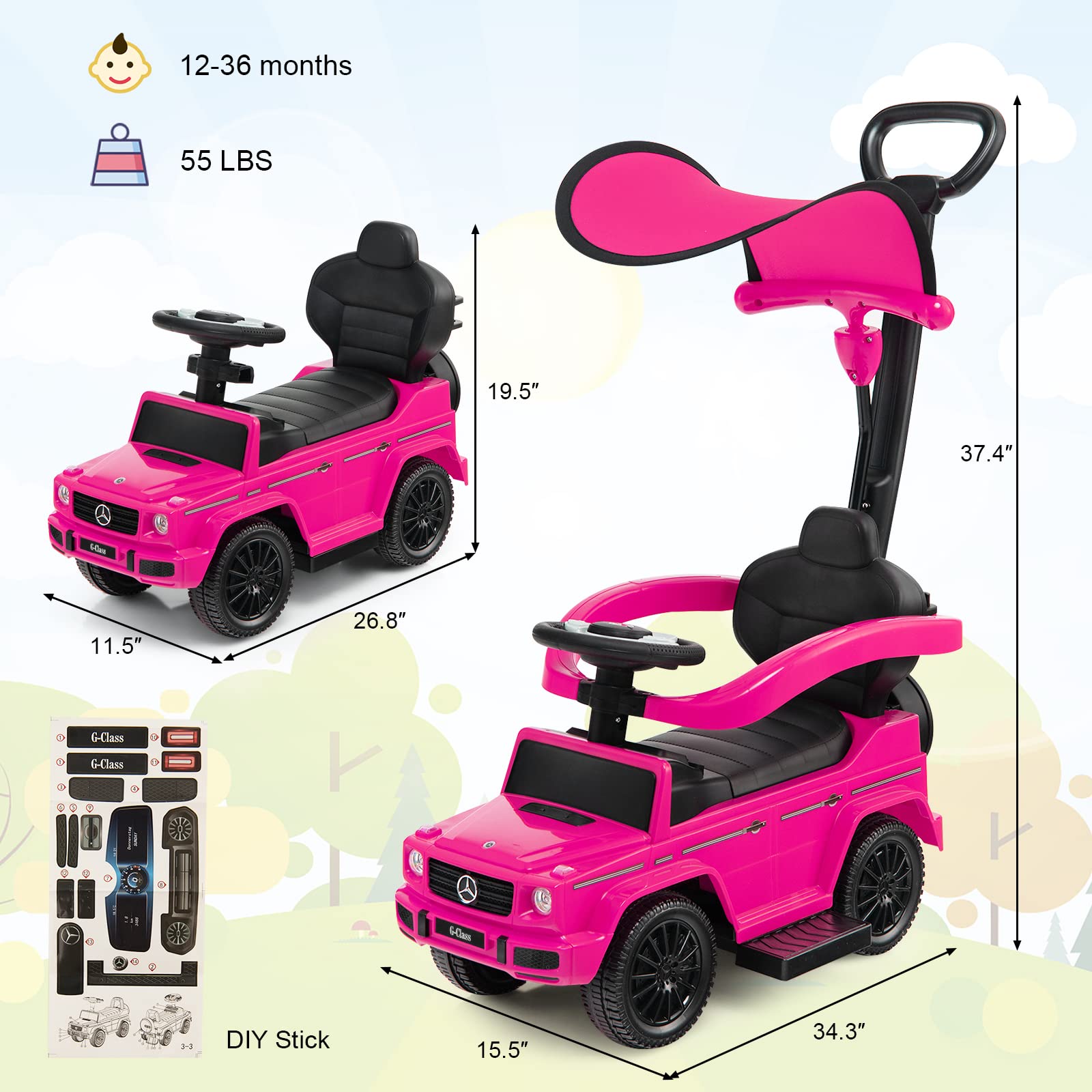 Costzon 3-in-1 Mercedes Benz Push Car for Toddlers - Convertible Stroller, Sliding Walker & Ride-On Toy with Canopy, Storage & Safety Features - Perfect for Outdoor Walks, Park Visits & Indoor Play (Pink)