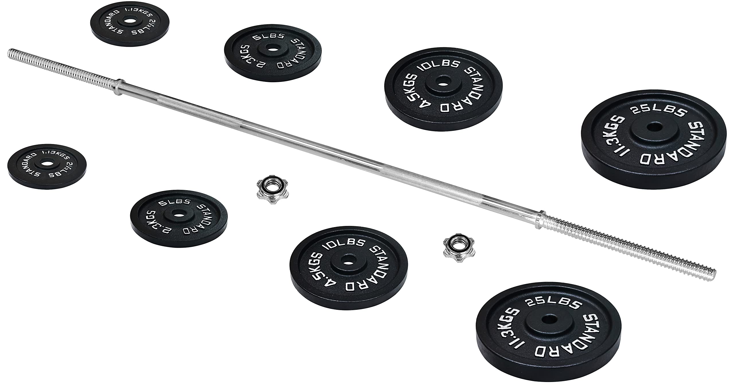 Cast Iron Standard Weight Plates Set with 5FT Barbell & Star Locks - 95LB Total (85LB Plates + 10LB Barbell) for Home Gym, Strength Training & Weightlifting - Multiple Styles Available
