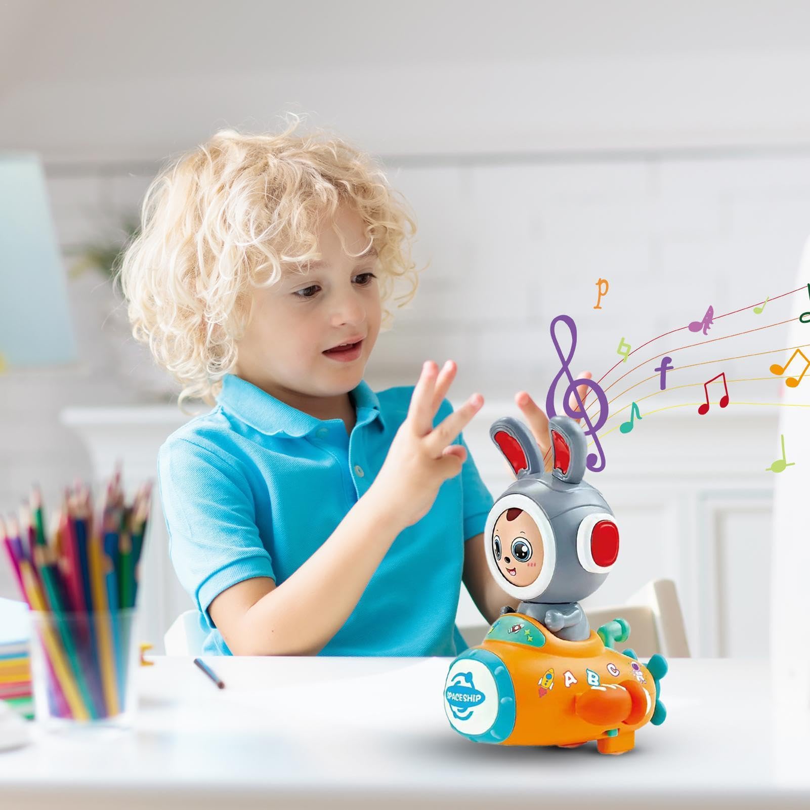 Interactive Electric Bunny Toy with Face Changing & Spaceship - Walking Rabbit Toy with Lights & Music for Kids - Perfect for Playtime, Birthday Gifts & STEM Learning
